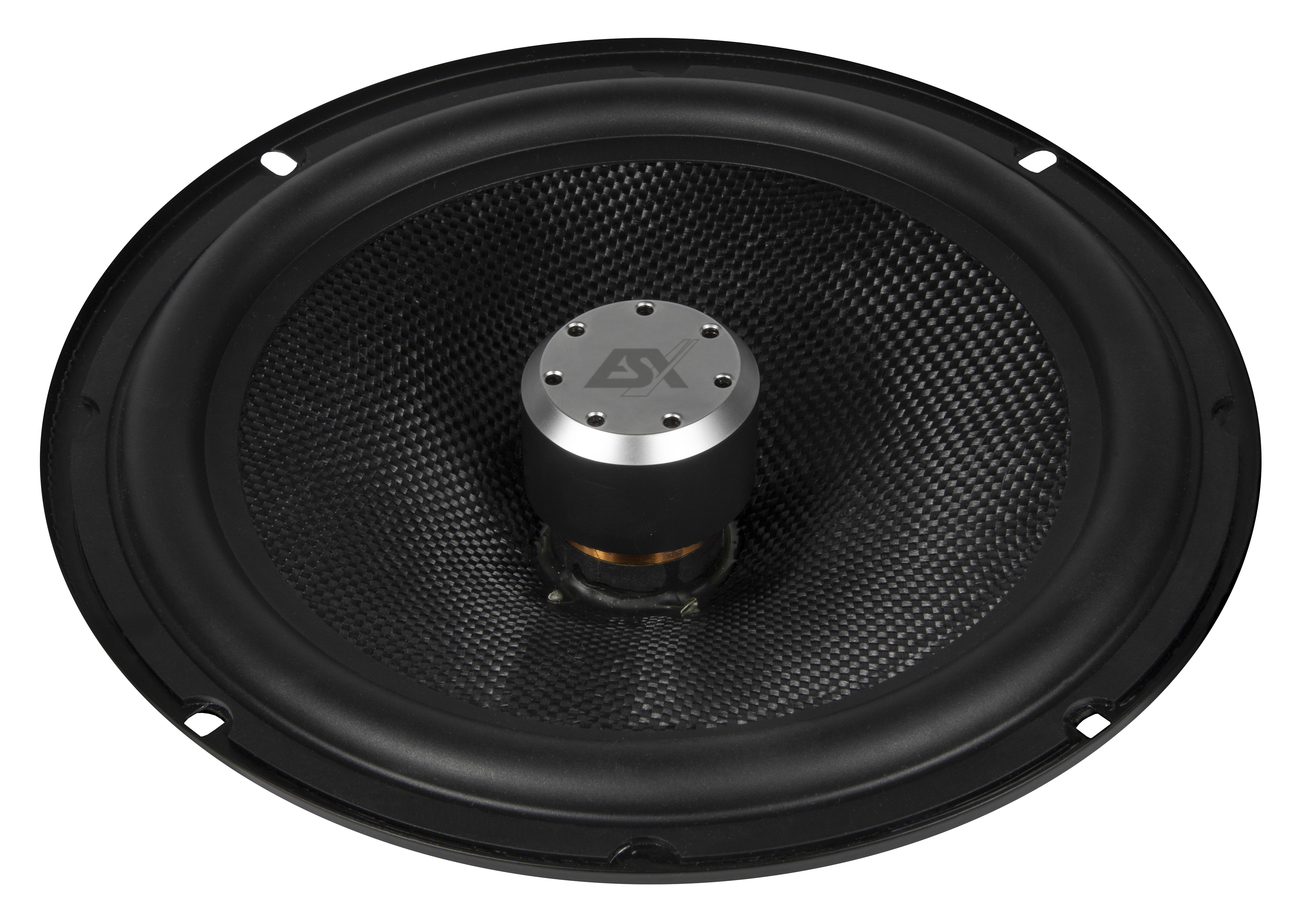 Ein Subwoofer-Lautsprecher mit schwarzem Konus und silbernem Mittelstück.