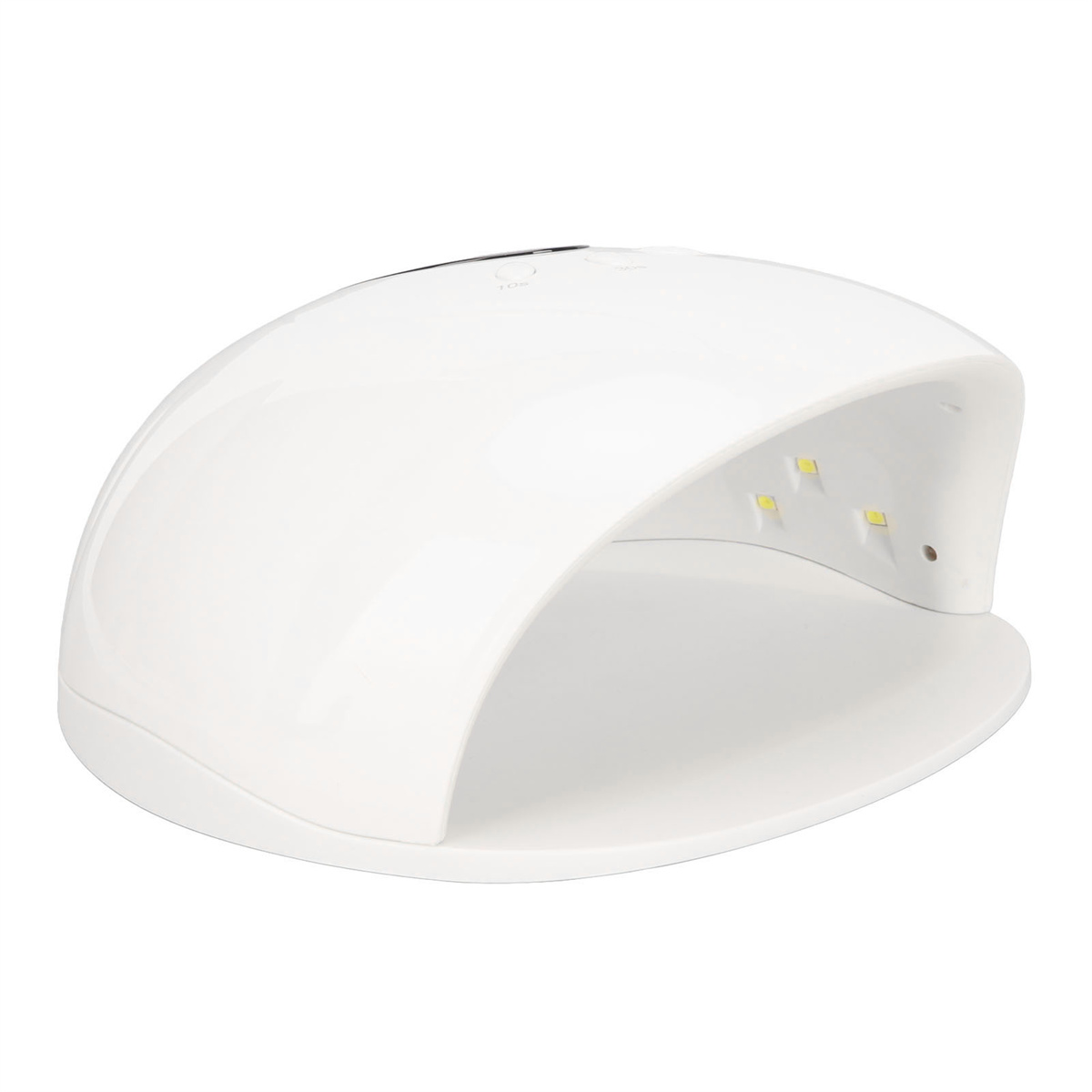 Ein weißer, gewölbter Nageltrockner mit geschwungenem Design und einigen LED-Leuchten.