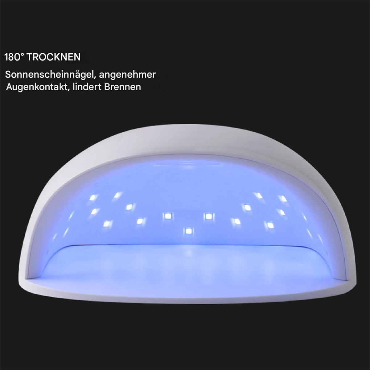 Eine weiße UV-Nagellampe mit blauen Lichtern auf schwarzem Hintergrund.