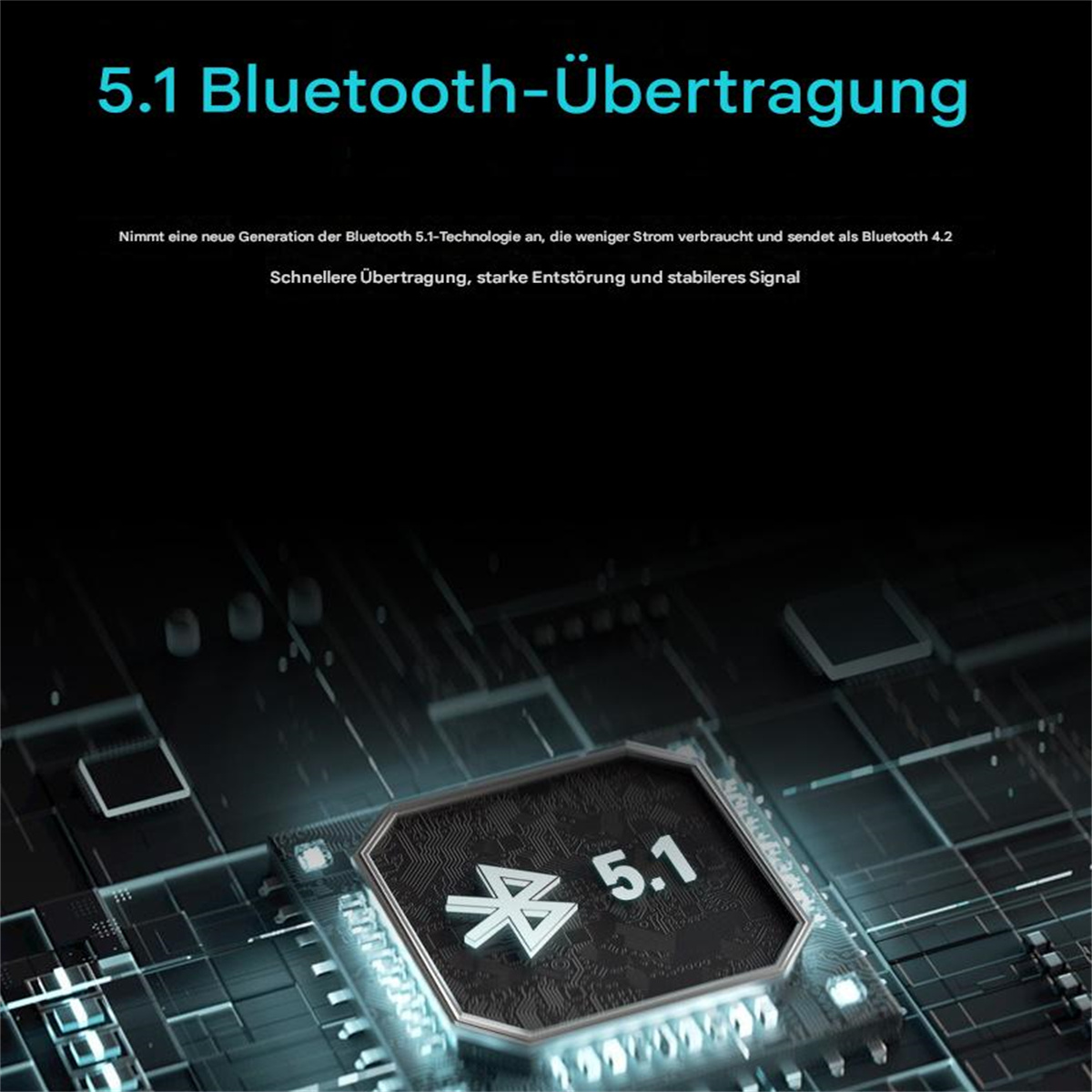 Bild eines Bluetooth 5.1-Chips mit Text, der seine Funktionen auf schwarzem Hintergrund beschreibt.