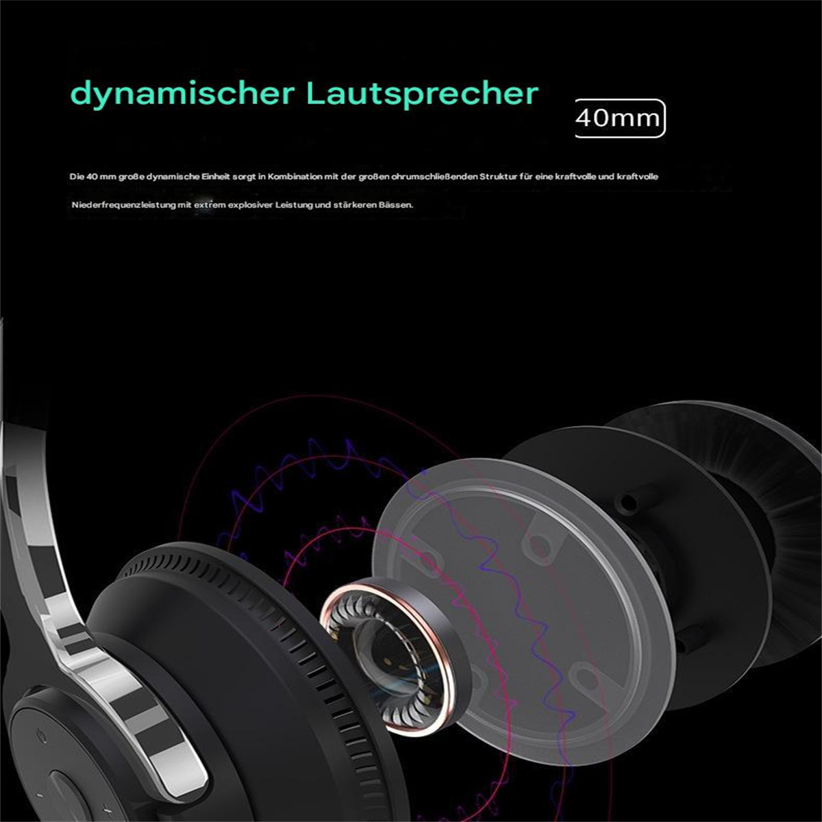 Kopfhörer, die interne Komponenten zeigen, schwarz und silber. Text über dynamischen Lautsprecher.