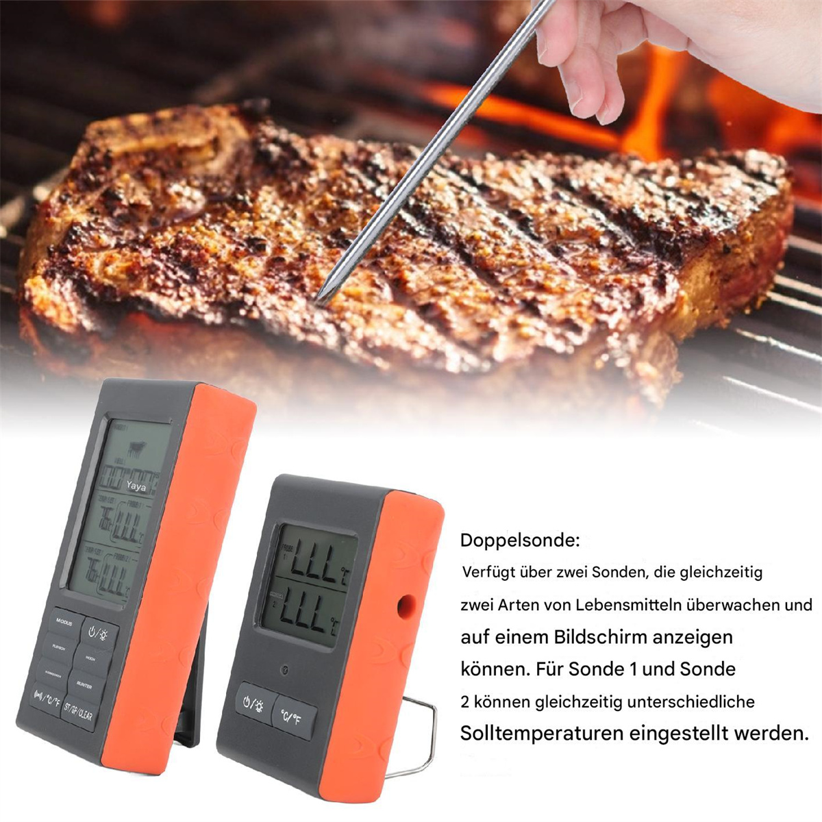 Fleisch auf einem Grill mit Thermometer. Zwei Thermometer sind links sichtbar.
