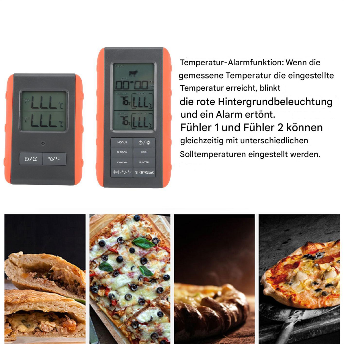 Zwei Thermometer mit Pizza-Bildern darunter. Details sind auf Deutsch, zeigen Temperaturwarnungen.