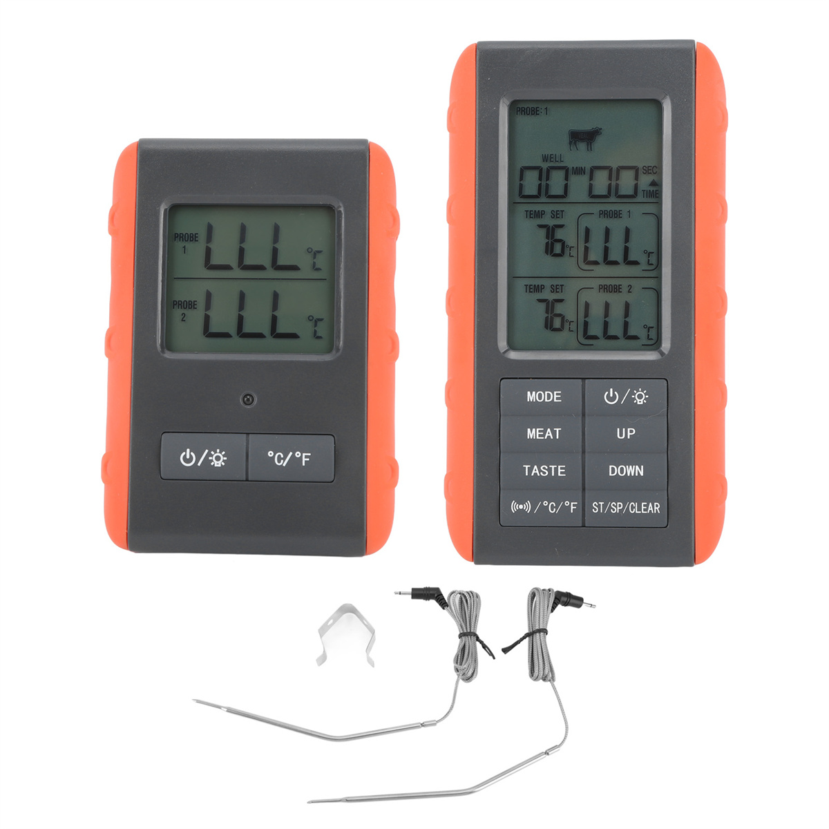 Zwei orangefarbene und graue Digitalthermometer mit Sonden und einem Display.
