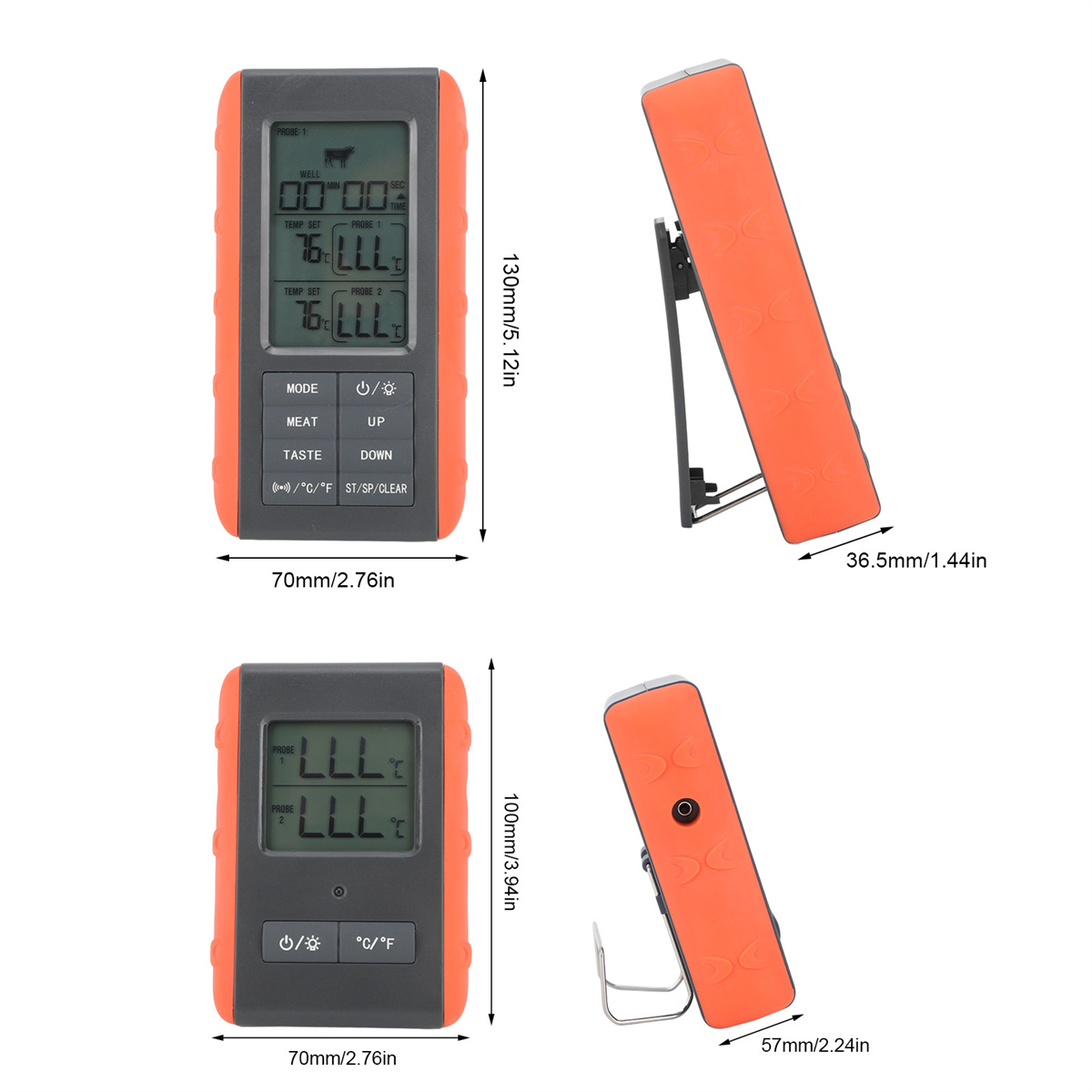 Digitales Thermometer, orangefarbener Körper, schwarzer Bildschirm, mit Abmessungen.
