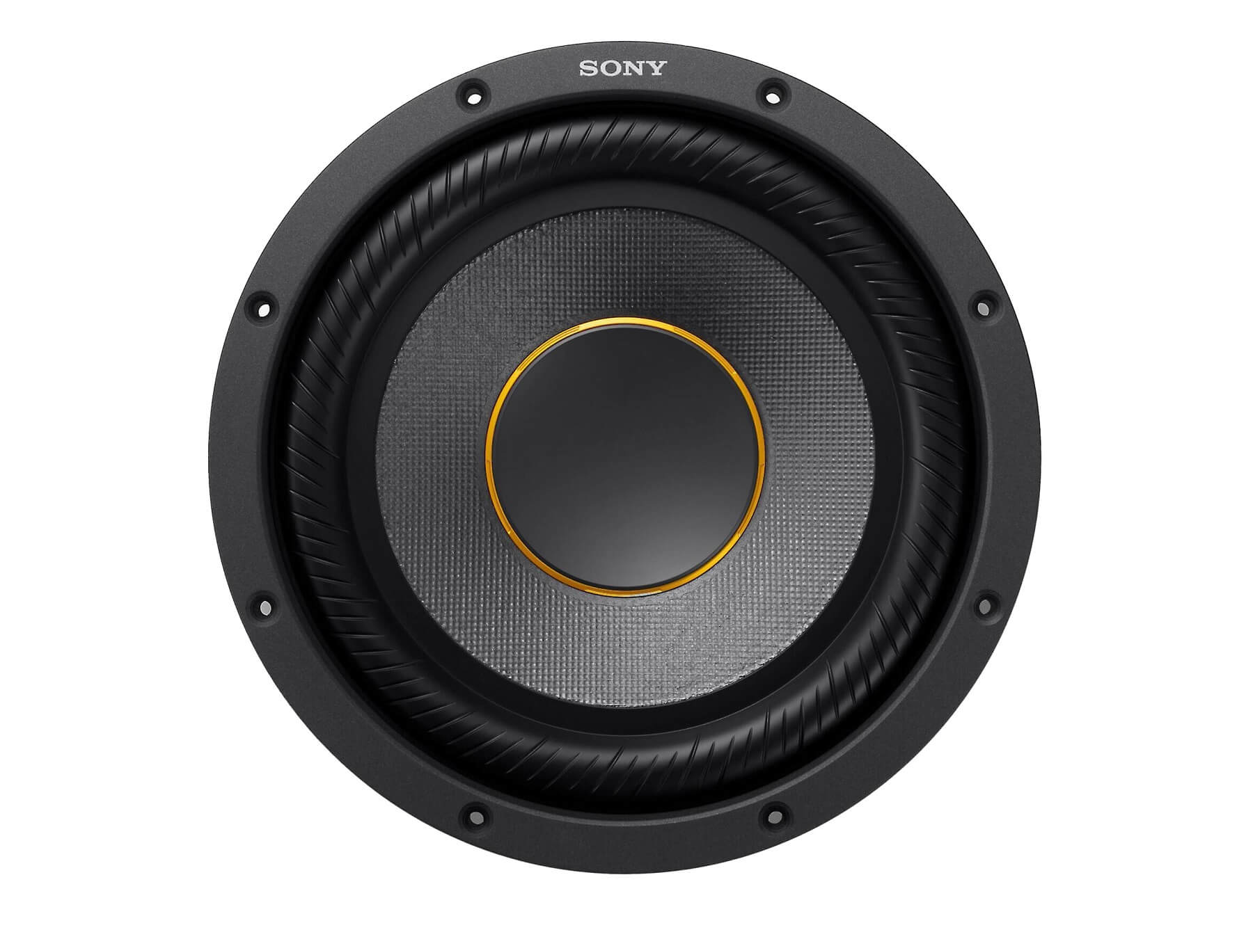 Schwarzer Sony-Lautsprecher. Er hat eine schwarze Mitte mit goldenem Ring und schwarzem Rand. Weißer Hintergrund.