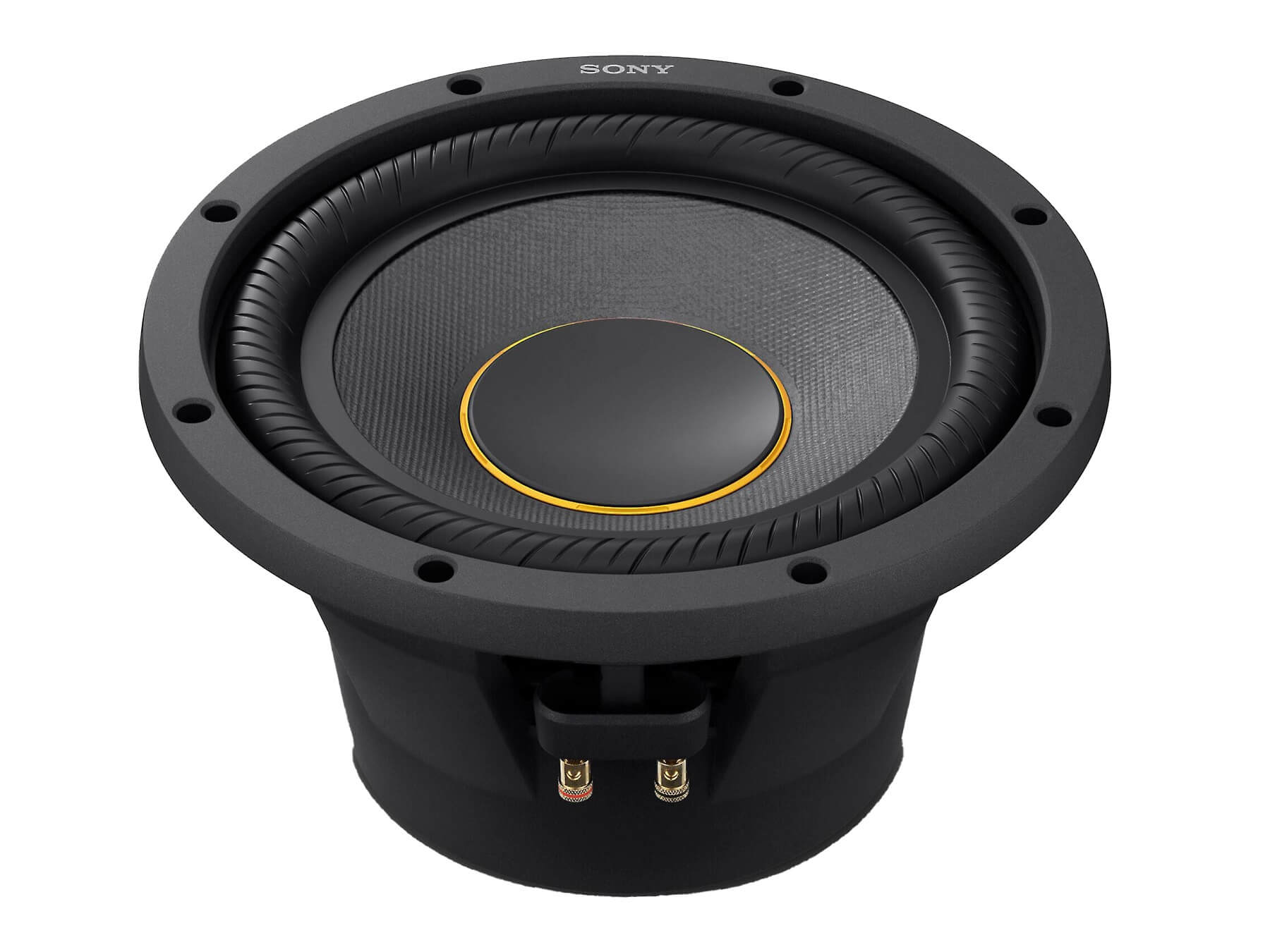 Ein schwarzer Subwoofer mit einer Kohlefaser-Membran und goldenen Akzenten.