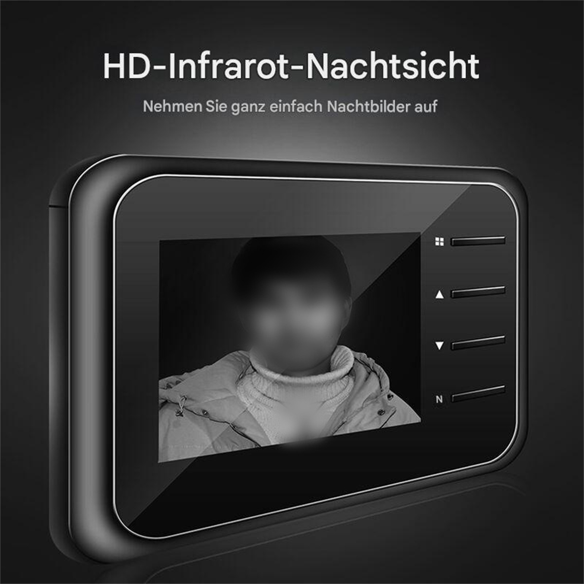 Ein schwarzes HD-Infrarot-Nachtsichtgerät zeigt eine verschwommene Person auf dem Bildschirm, mit Knöpfen rechts.