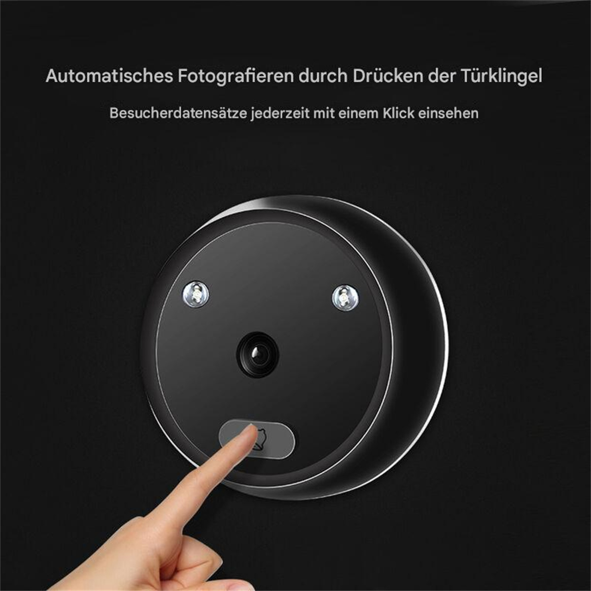 Schwarze Türklingel mit Finger, der einen Knopf drückt. Text oben und unten.