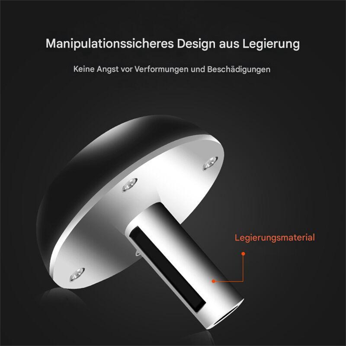 Silbernes und schwarzes Metallgerät mit Text über Design und Material.