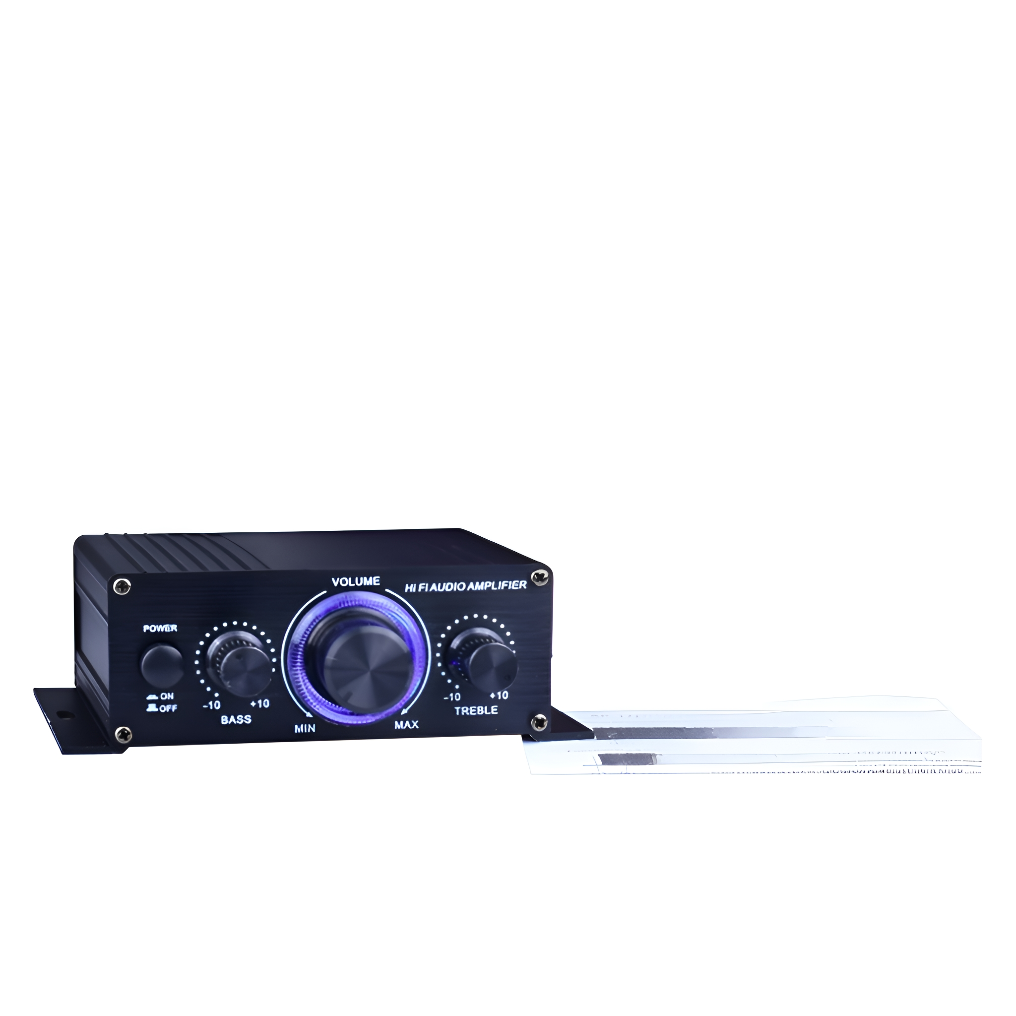 Schwarzer HiFi-Audioverstärker mit Knöpfen, weißer Hintergrund.