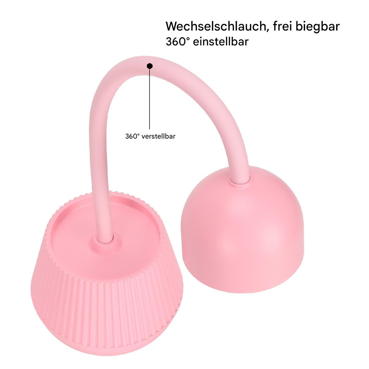 Eine rosa Schreibtischlampe mit flexiblem Hals und rundem, kuppelförmigem Kopf.