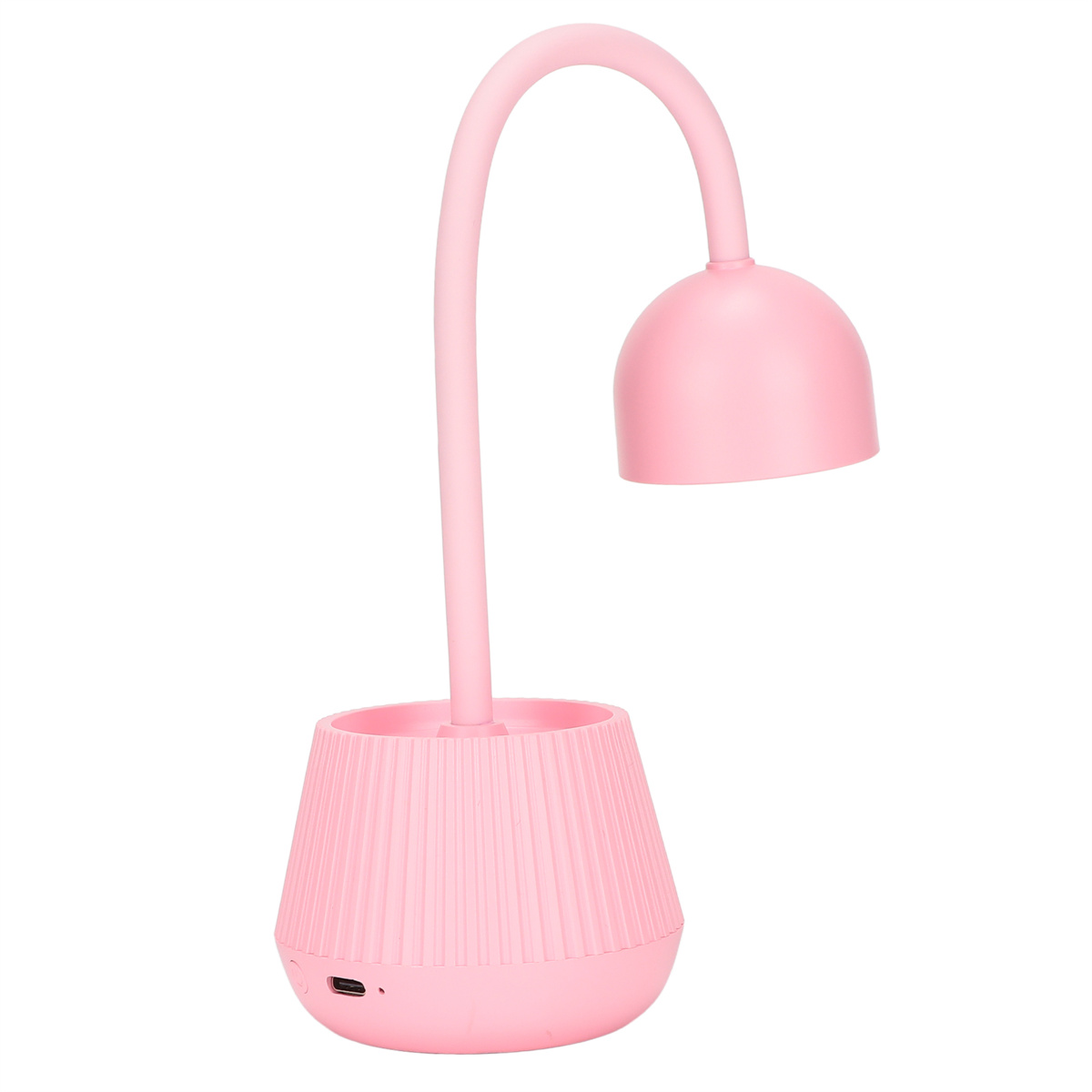 Rosa Schreibtischlampe mit flexiblem Hals und rundem Schirm, auf weißem Grund.