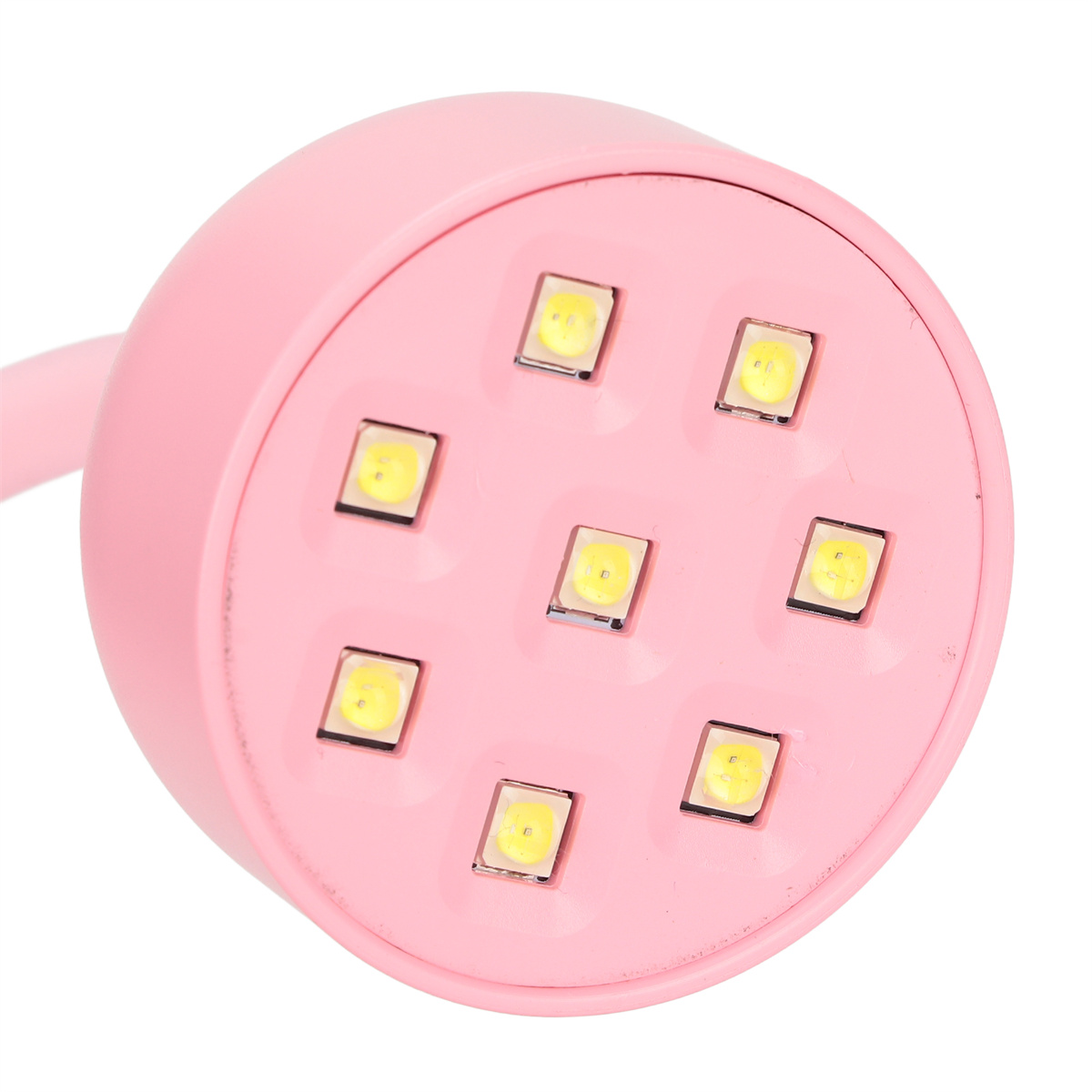 Rosa LED-Lampe mit sieben gelben LEDs in kreisförmiger Anordnung.
