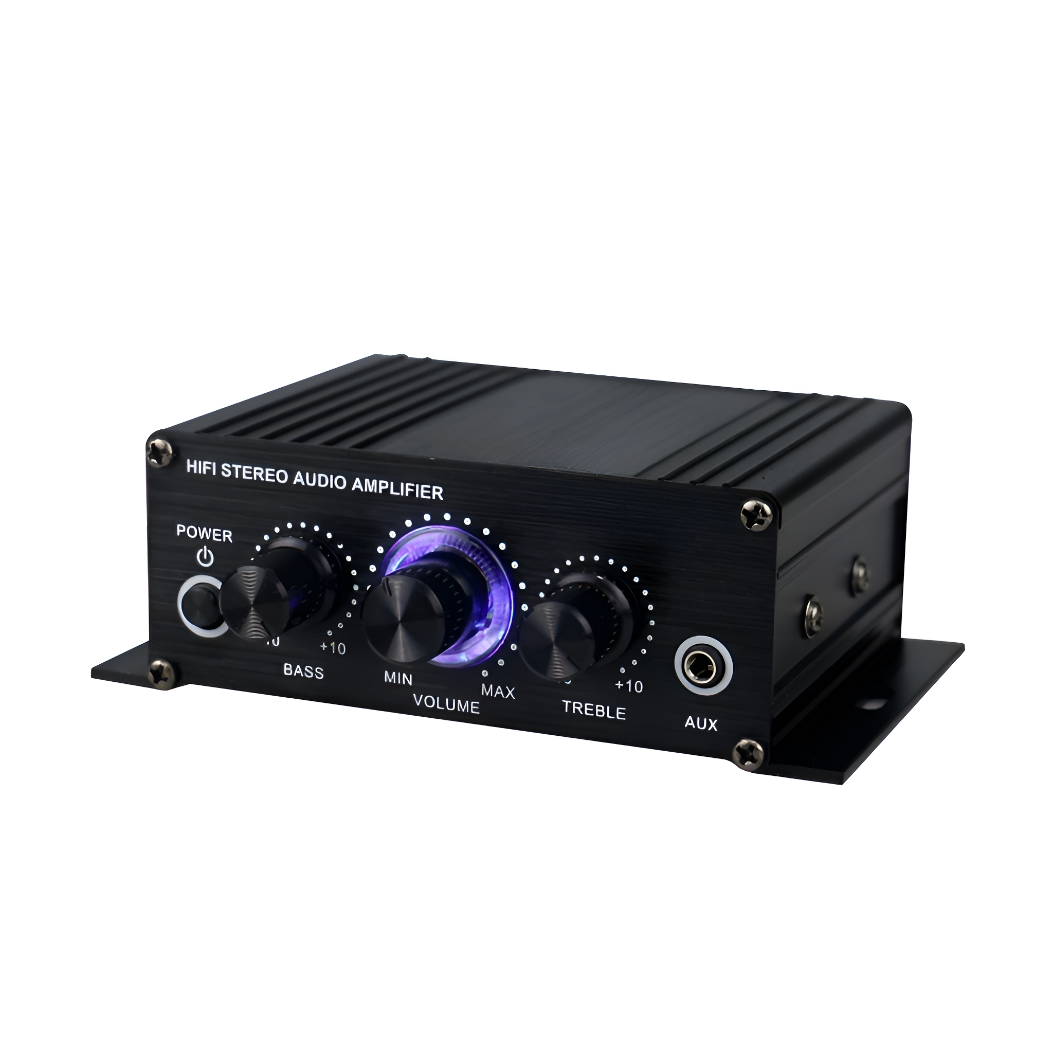 Ein schwarzer HiFi-Stereo-Audioverstärker mit Knöpfen für Bass, Lautstärke und Höhen und einem Ein/Aus-Schalter.