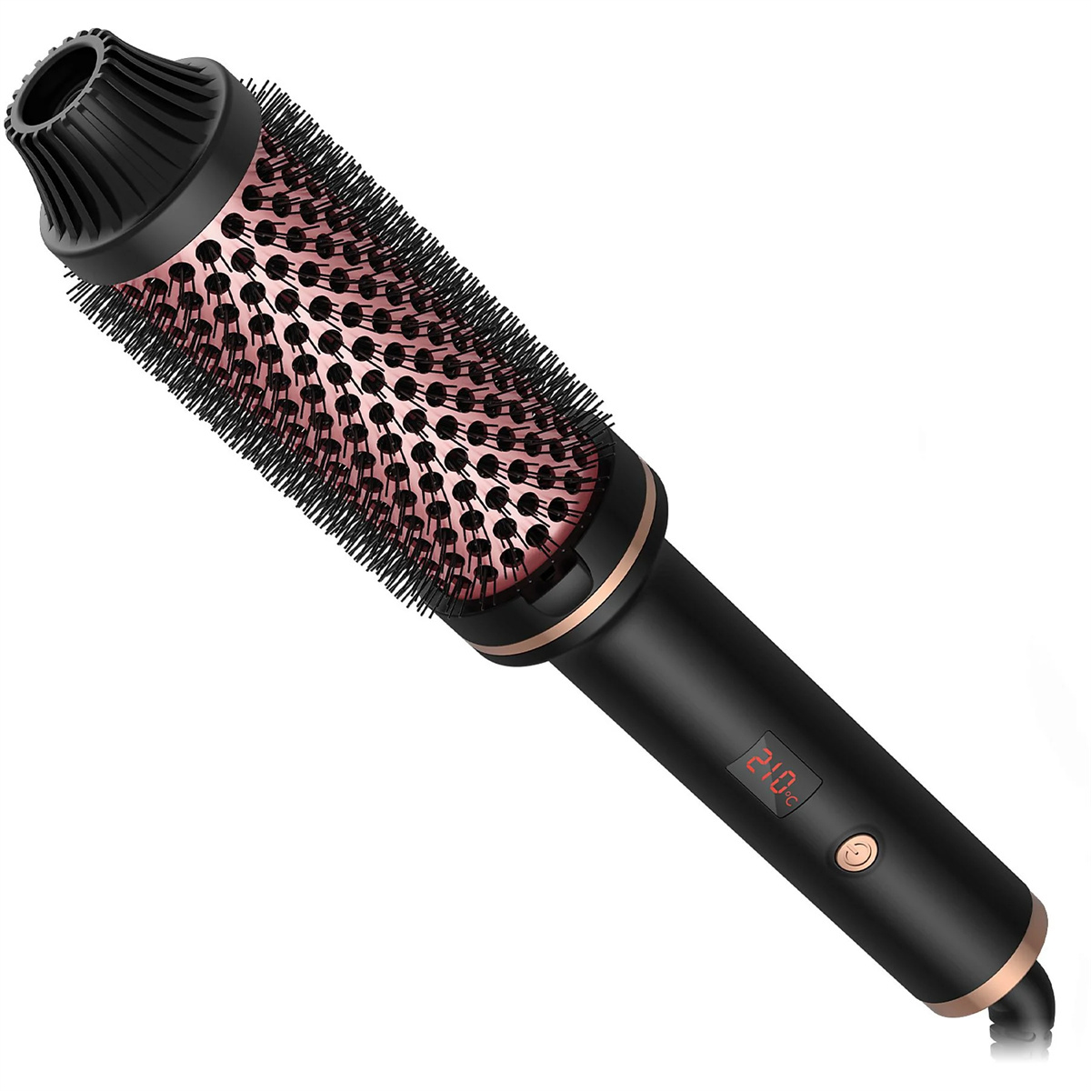 Schwarz-roségoldene Lockenbürste mit digitaler Anzeige, die 210°C anzeigt.
