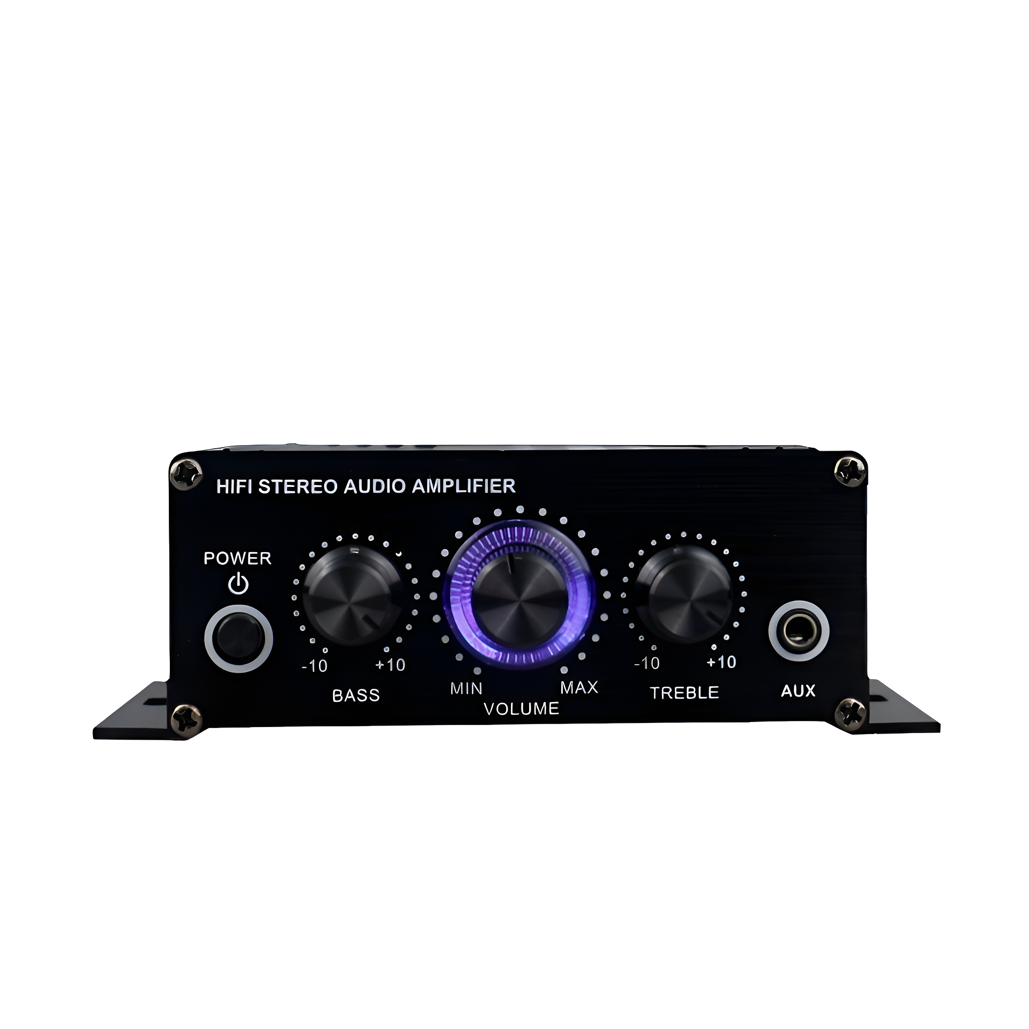 Schwarzer HiFi-Stereo-Audioverstärker mit Knöpfen und Tasten. Der Lautstärkeregler hat ein blaues Licht.
