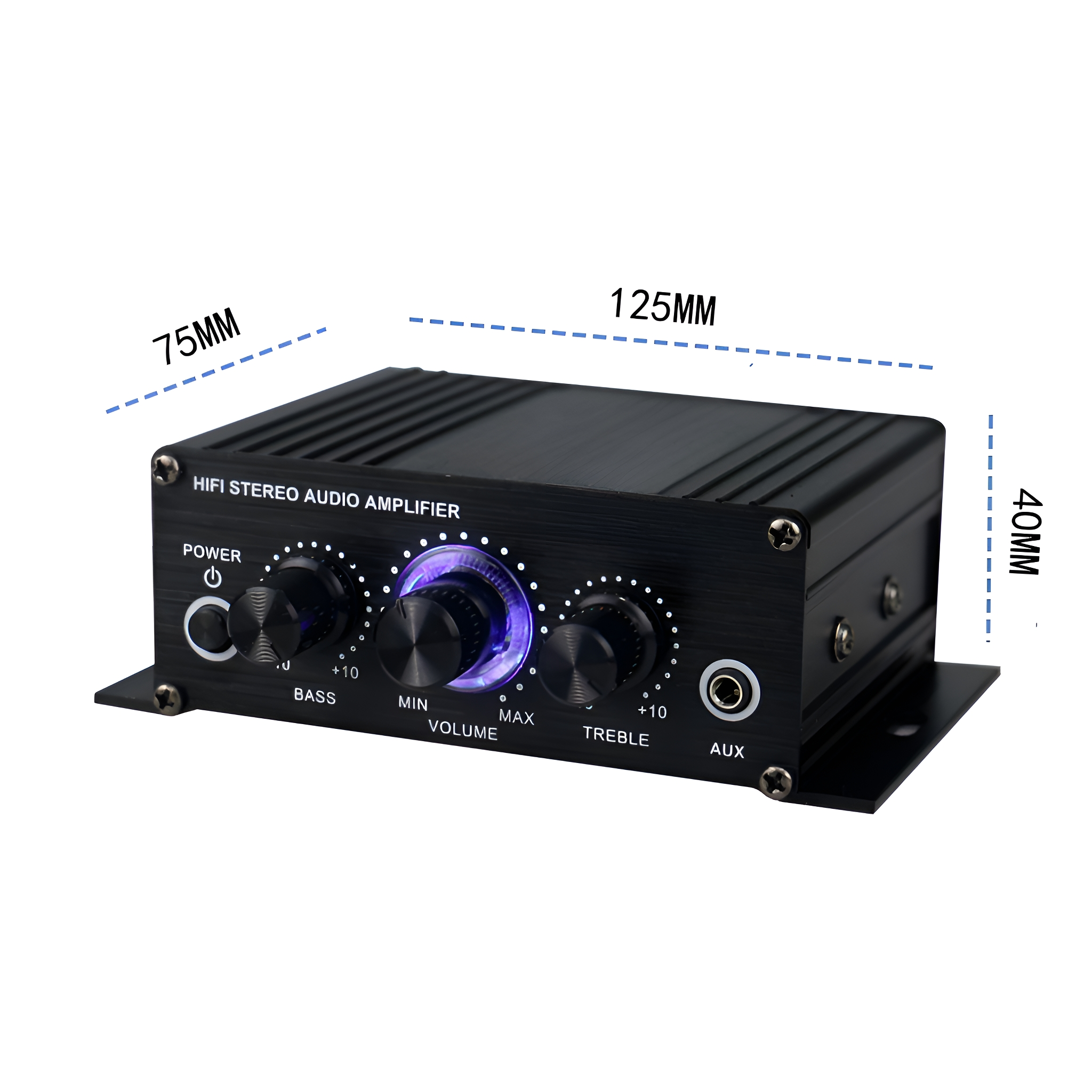 Schwarzer HiFi-Stereo-Audioverstärker mit Knöpfen und Anschlüssen. Abmessungen: 75x125x40 mm.