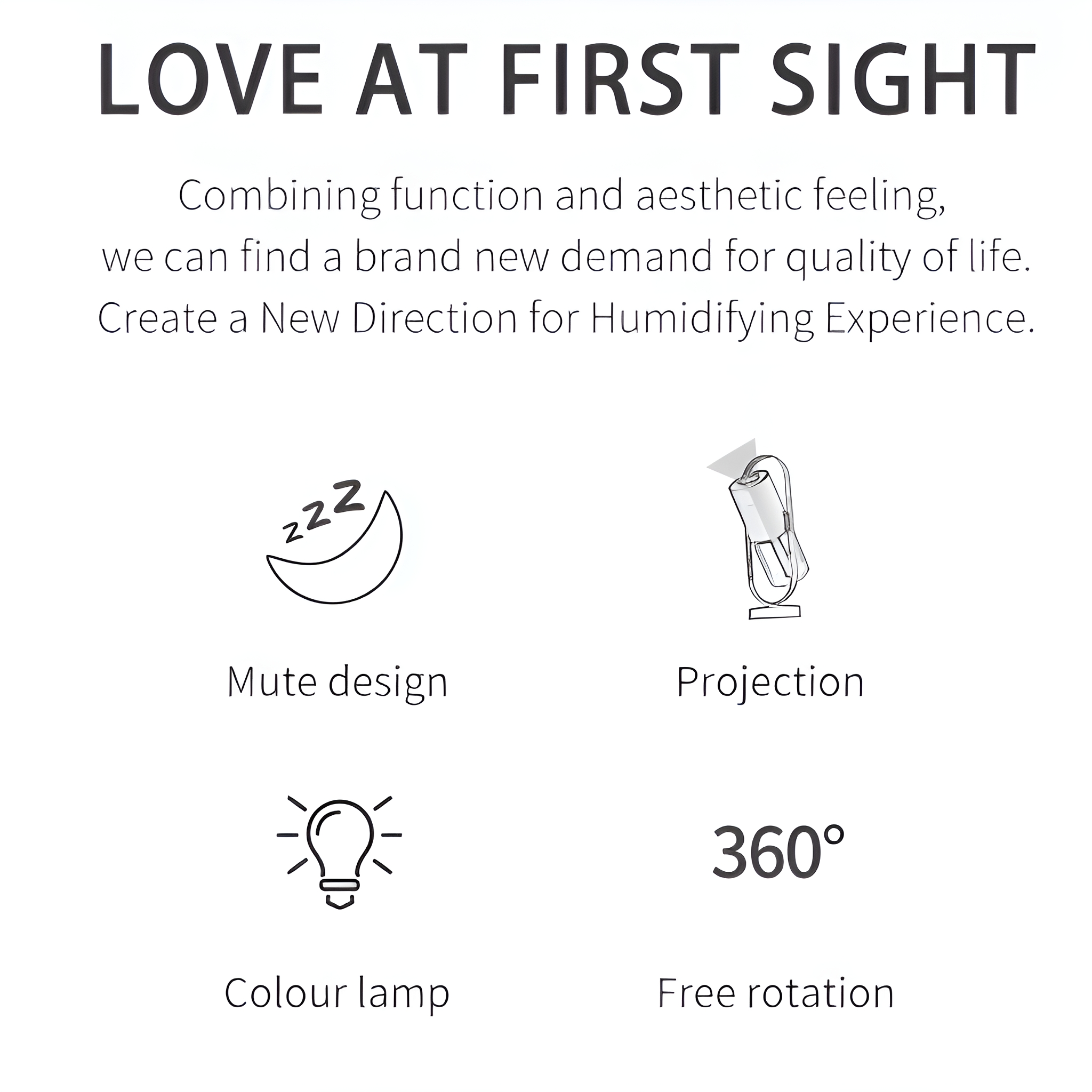 Weißer Hintergrund mit Text und Symbolen. Text: LIEBE AUF DEN ERSTEN BLICK. Symbole für Mond, Lampe usw.