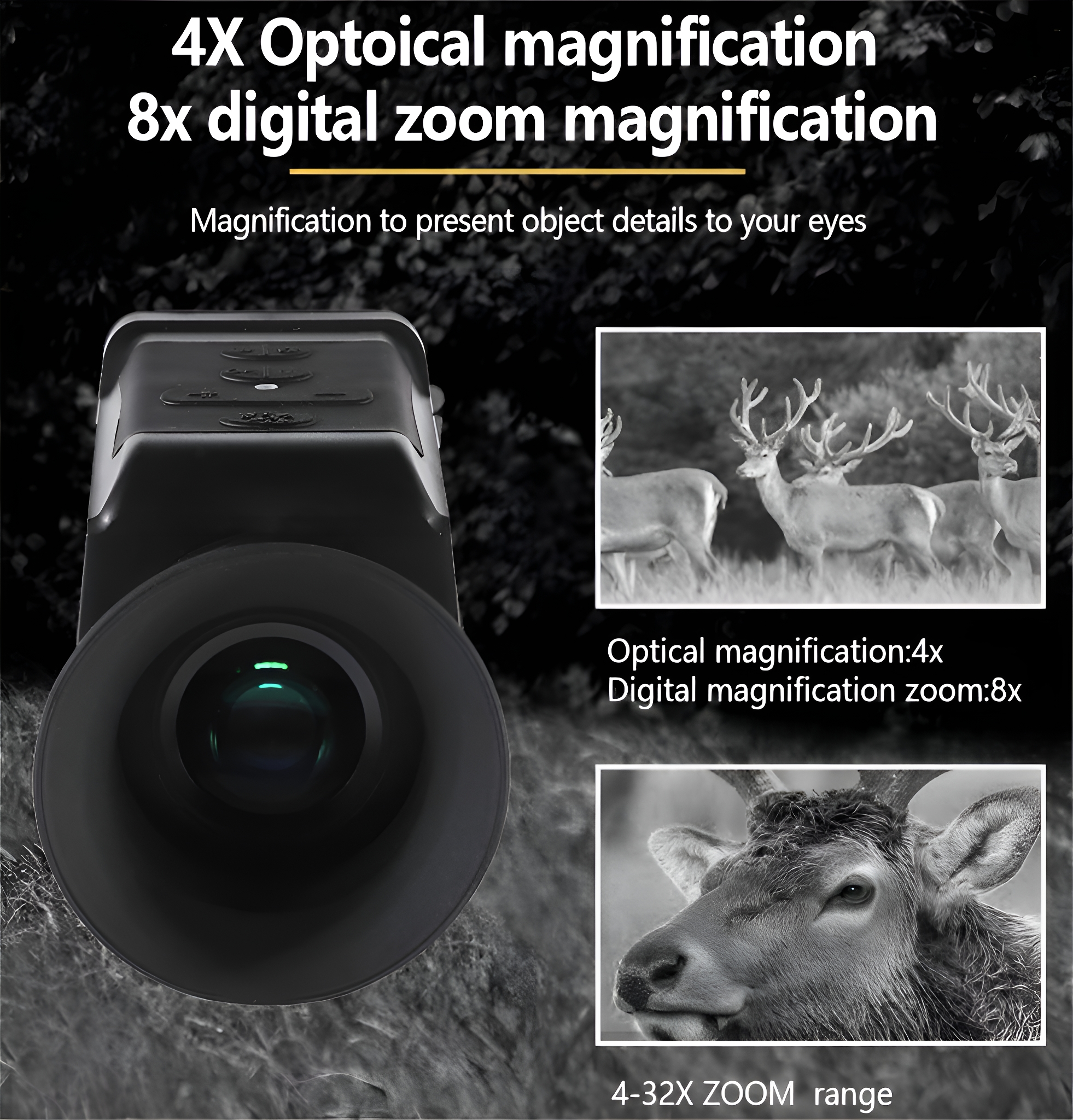 Fernglas mit Hirschbildern, Text über Vergrößerung und Zoom, auf schwarzem Hintergrund.