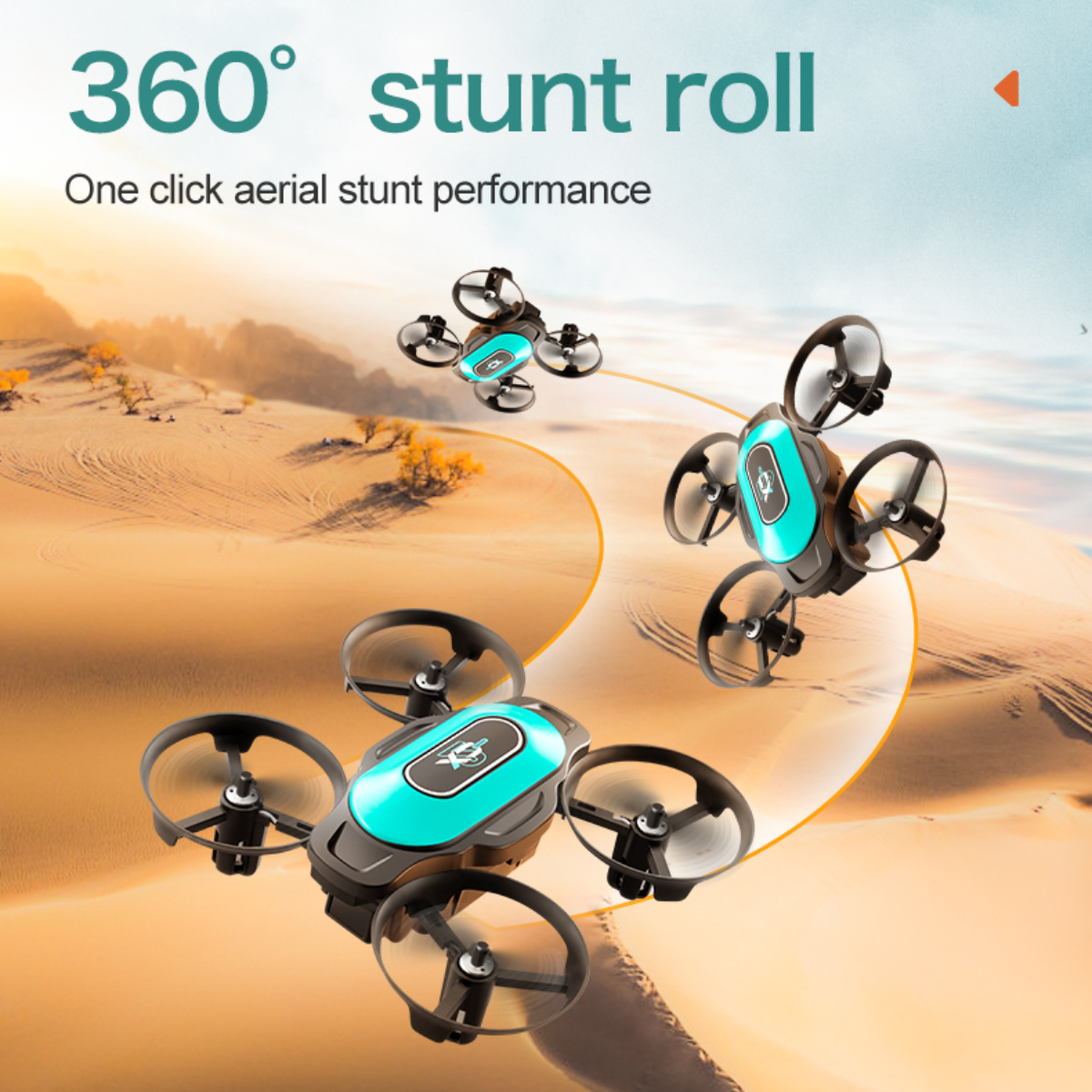Drohne in der Luft, drei weitere im Hintergrund. Text zeigt 360-Grad-Stunt-Rollen an.