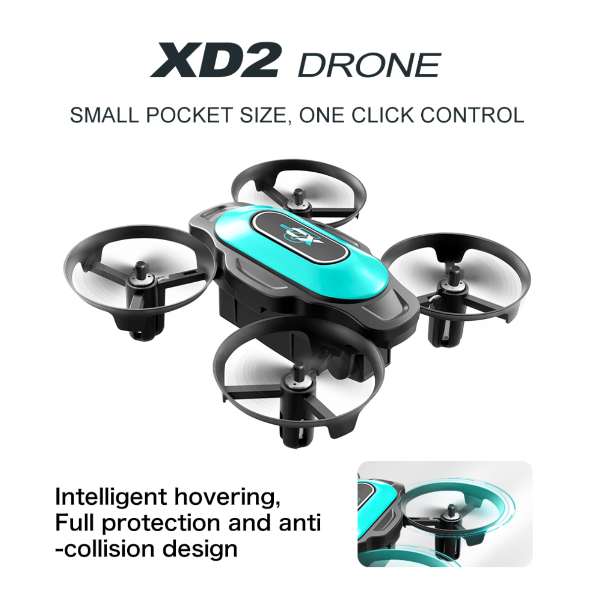Kleine blaue und schwarze Drohne mit Propellern, gekennzeichnet als taschengroßes Gerät mit One-Click-Steuerung.