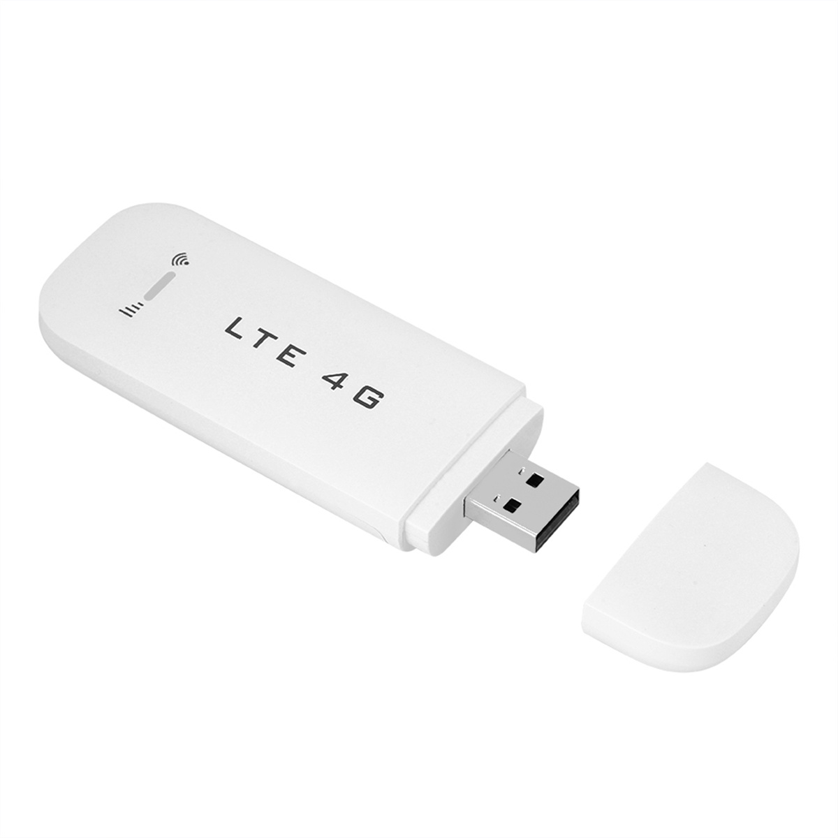 Ein weißes LTE 4G Modem mit offenem USB-Anschluss und abgenommenem Deckel, isoliert auf weißem Hintergrund.