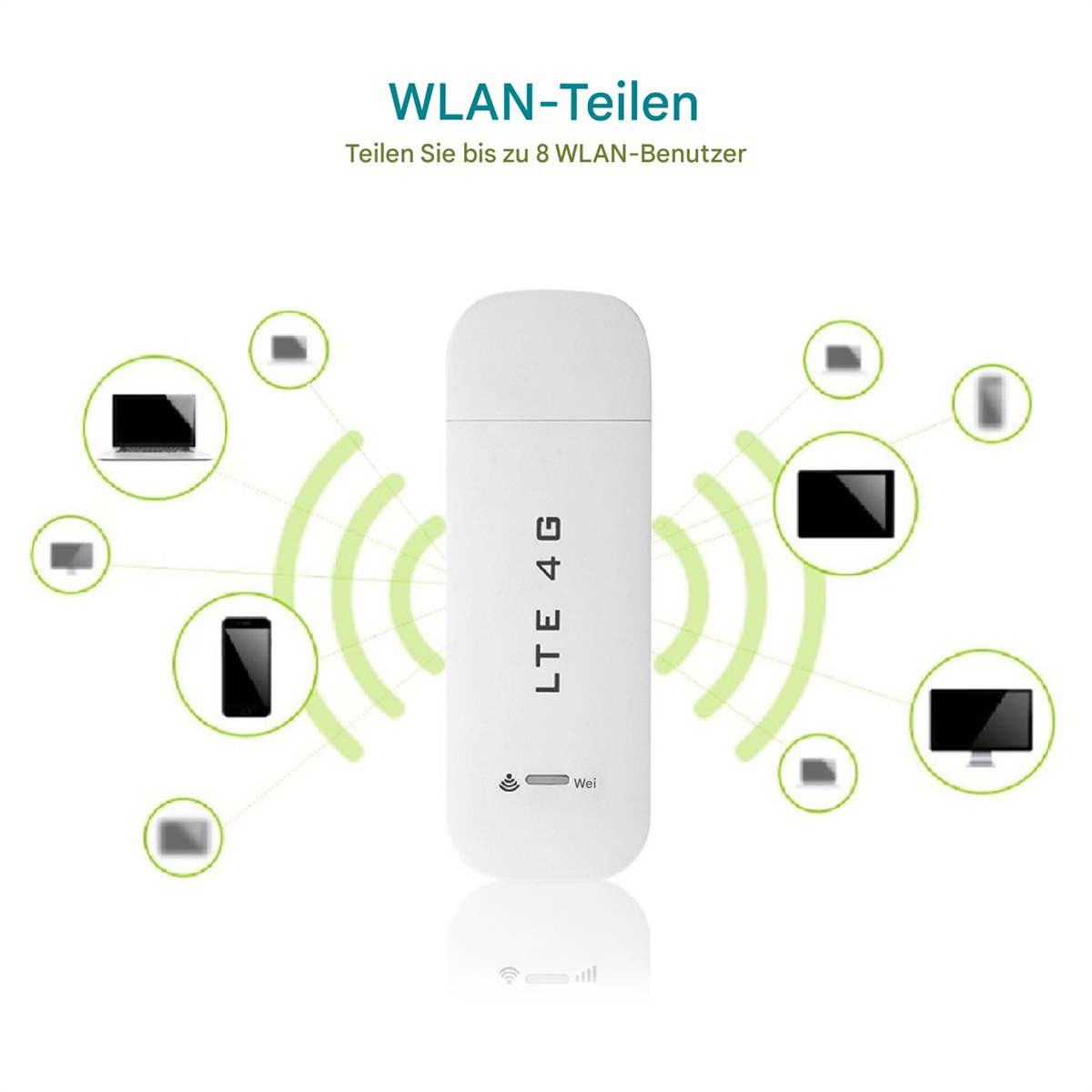 Weißes 4G LTE-Gerät, umgeben von Symbolen für verbundene Geräte, auf hellem Hintergrund.