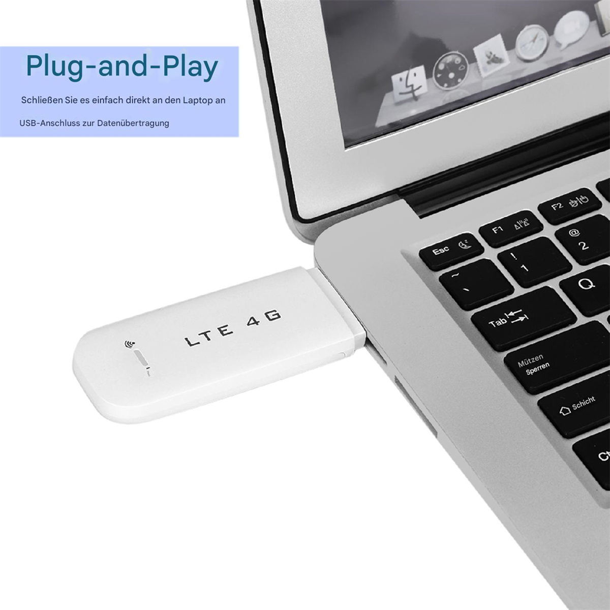 Ein weißer LTE 4G-Dongle, der an einen Laptop angeschlossen ist.