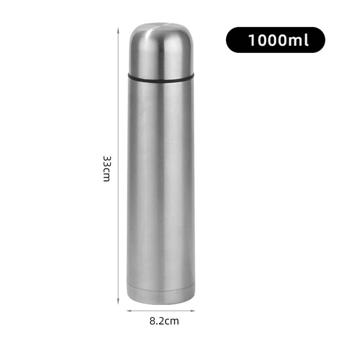 Eine stahlfarbene Thermoskanne mit schwarzem Deckel und Boden, mit Maßen und weißem Hintergrund.