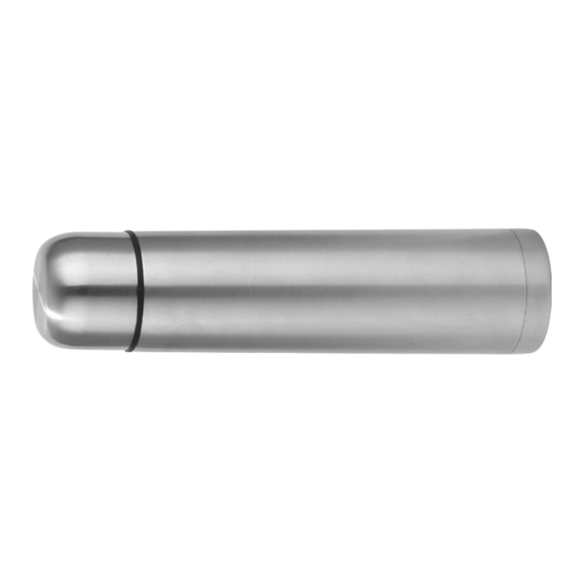 Silberne, zylindrische Thermosflasche mit schwarzem Gummiring.