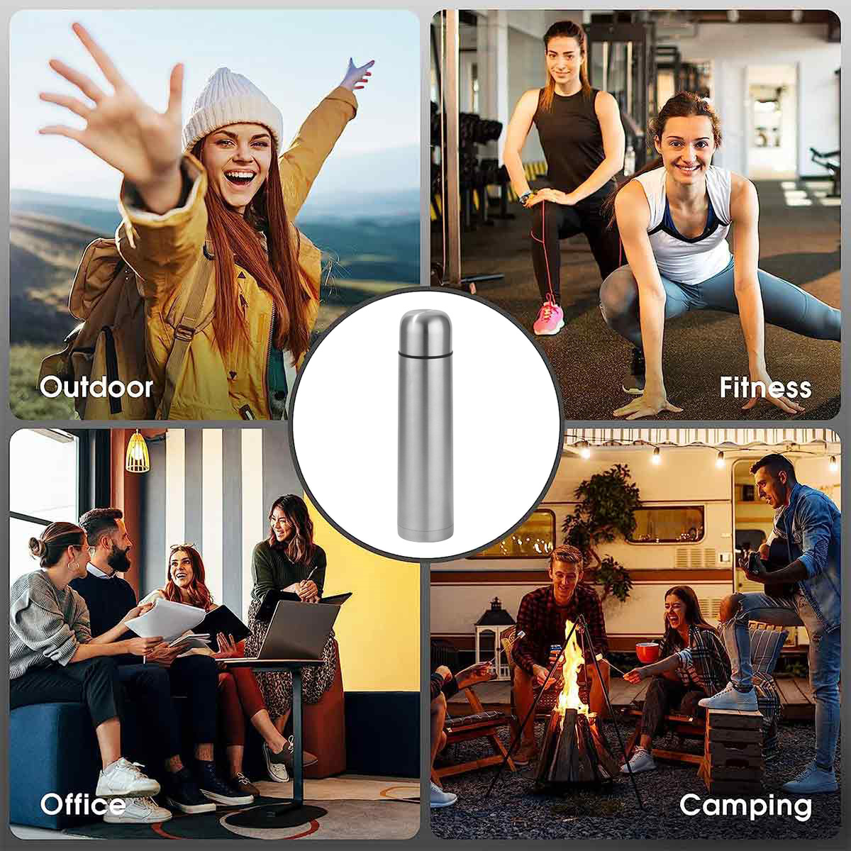 Bild mit Thermoskanne in verschiedenen Umgebungen: Outdoor, Fitness, Büro und Camping.