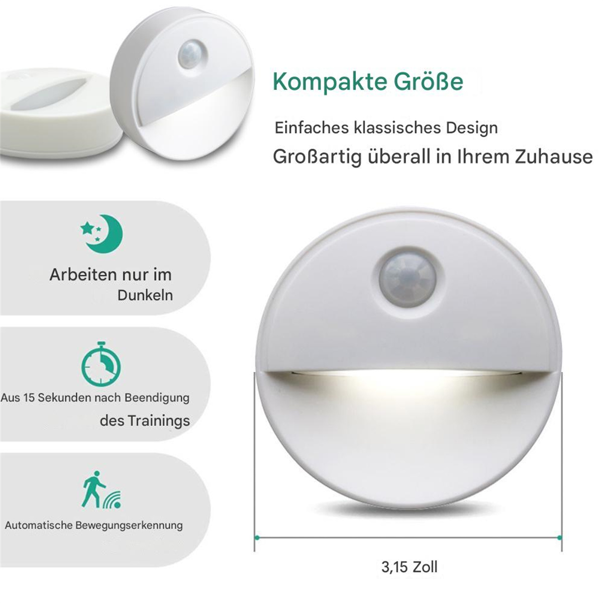 Weißes Nachtlicht mit Bewegungssensor, Produktdetails und Diagrammen.