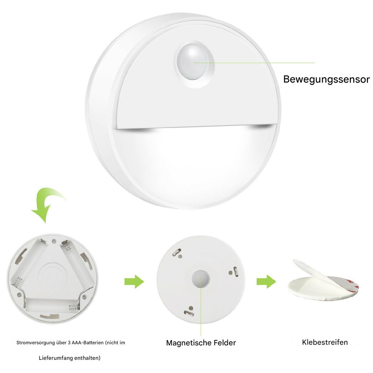 Weißes Bewegungssensorlicht mit Diagrammen zu Batterie- und Montageoptionen.