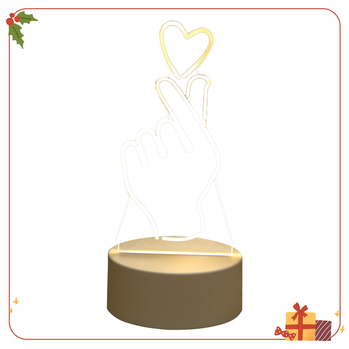 Eine dekorative Lampe in Form einer Hand, die ein Herz formt. Die Basis ist braun.