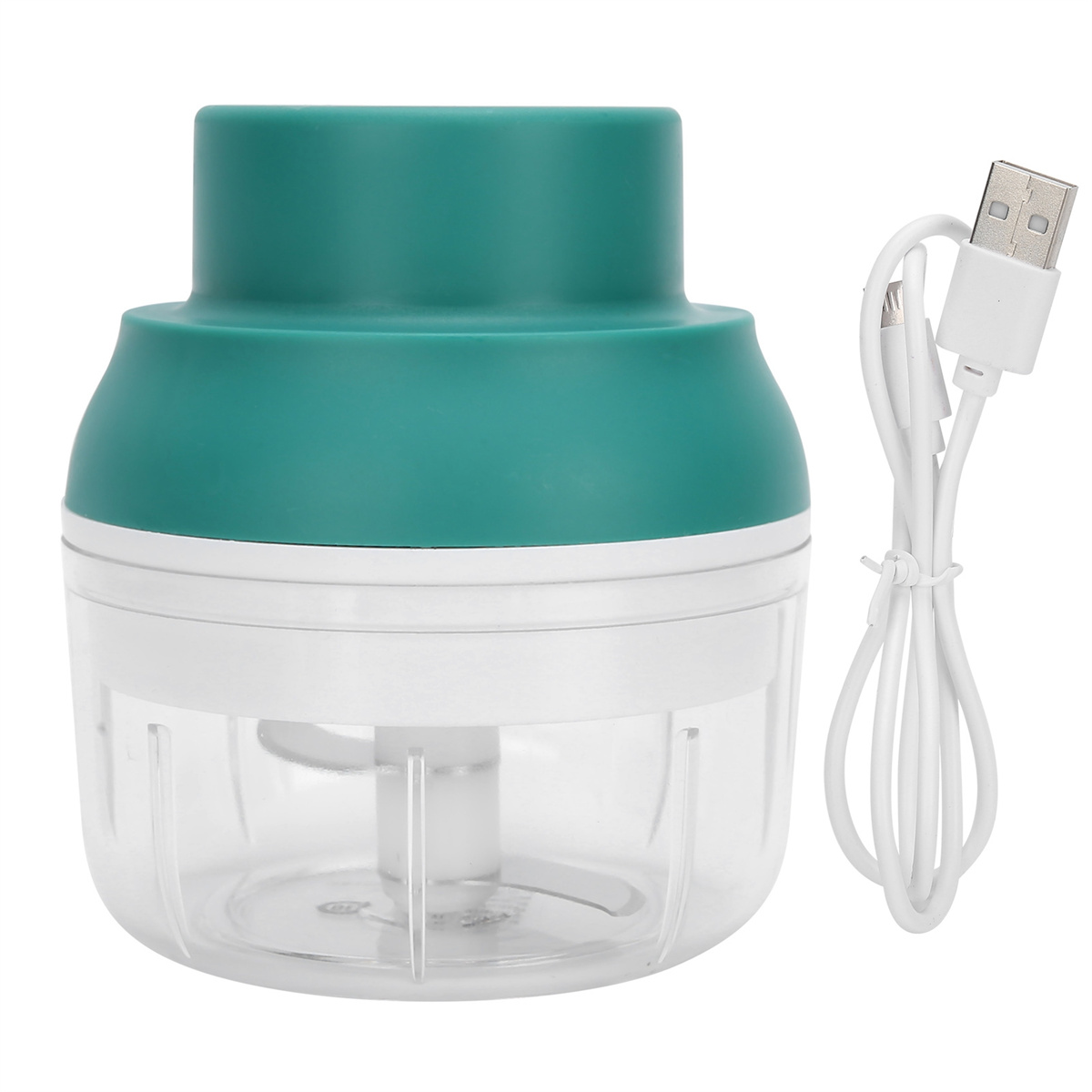 Kleiner grüner und weißer Zerkleinerer mit einem weißen USB-Kabel.