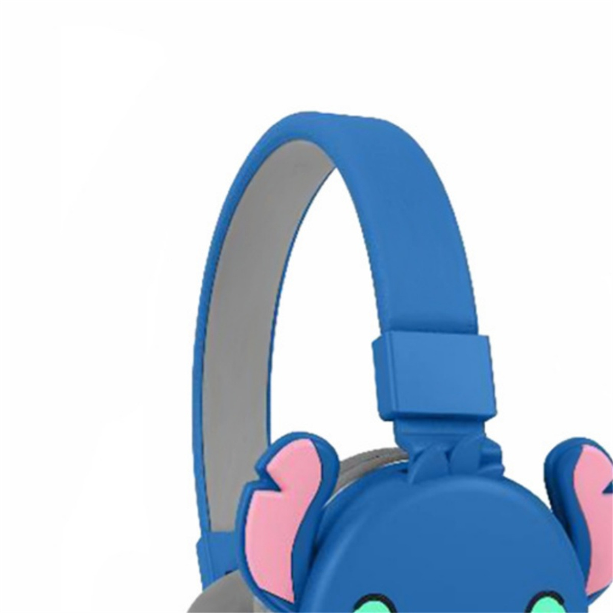 Blaue Kopfhörer für Kinder mit Stitch-Charakterohren. Graues Kopfband und rosa Ohrendetails.