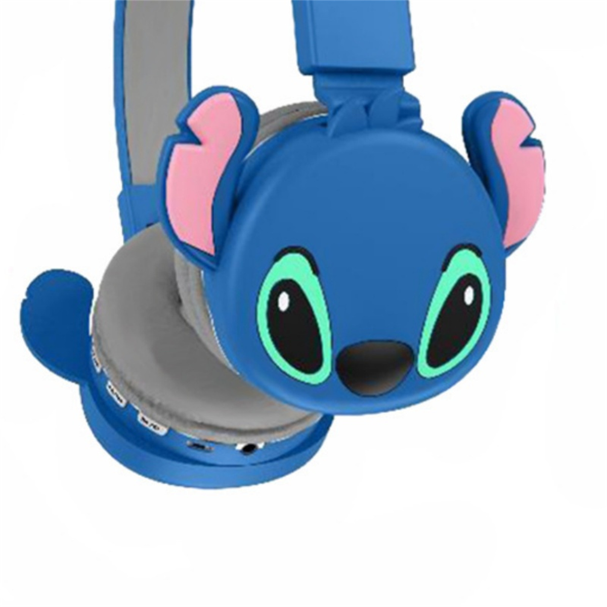 Blaue Kopfhörer mit Stitch-Design. Die Kopfhörer befinden sich auf weißem Hintergrund.