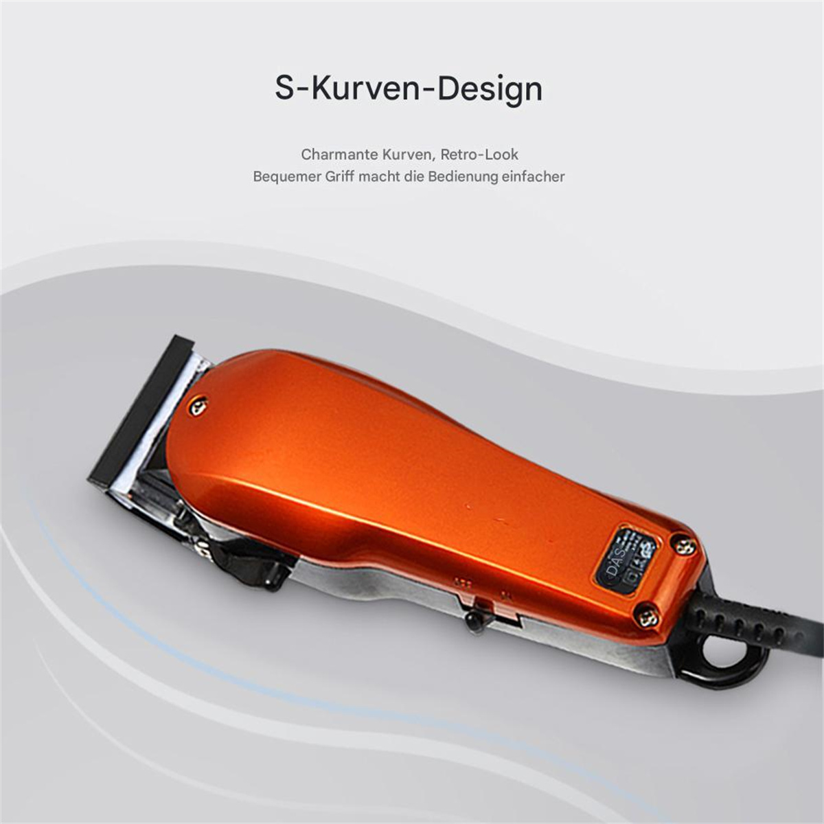 Orangener Haarschneider mit geschwungenem Design auf hellblauem Hintergrund, Text über Retro-Look.