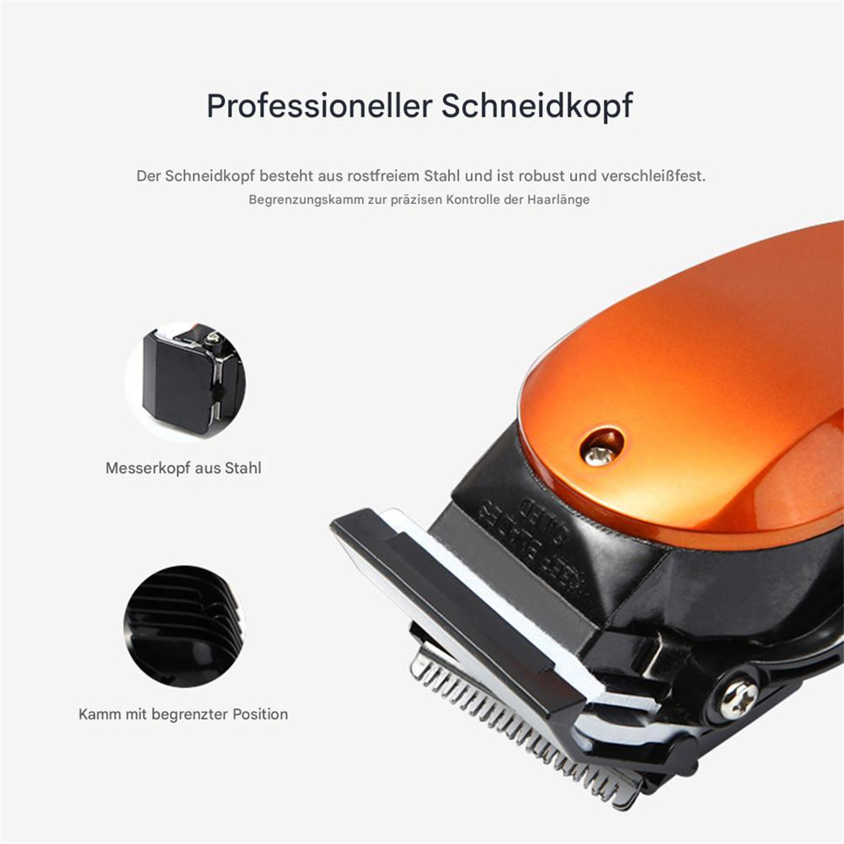 Nahaufnahme eines Bartschneiders. Er ist orange und schwarz, mit Metallkopf.