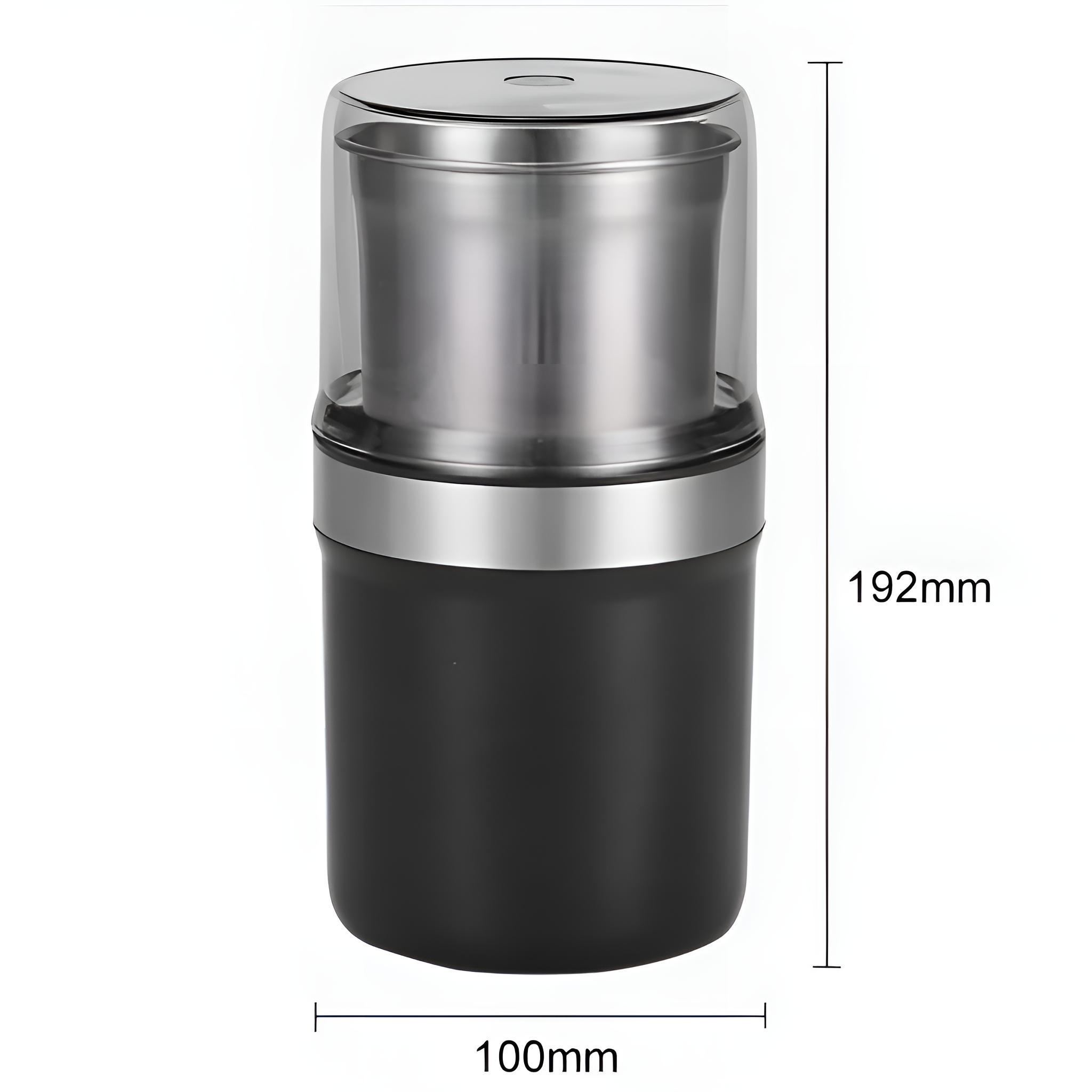 Eine schwarze und silberne Kaffeemühle mit angegebenen Abmessungen: 100 mm x 192 mm.