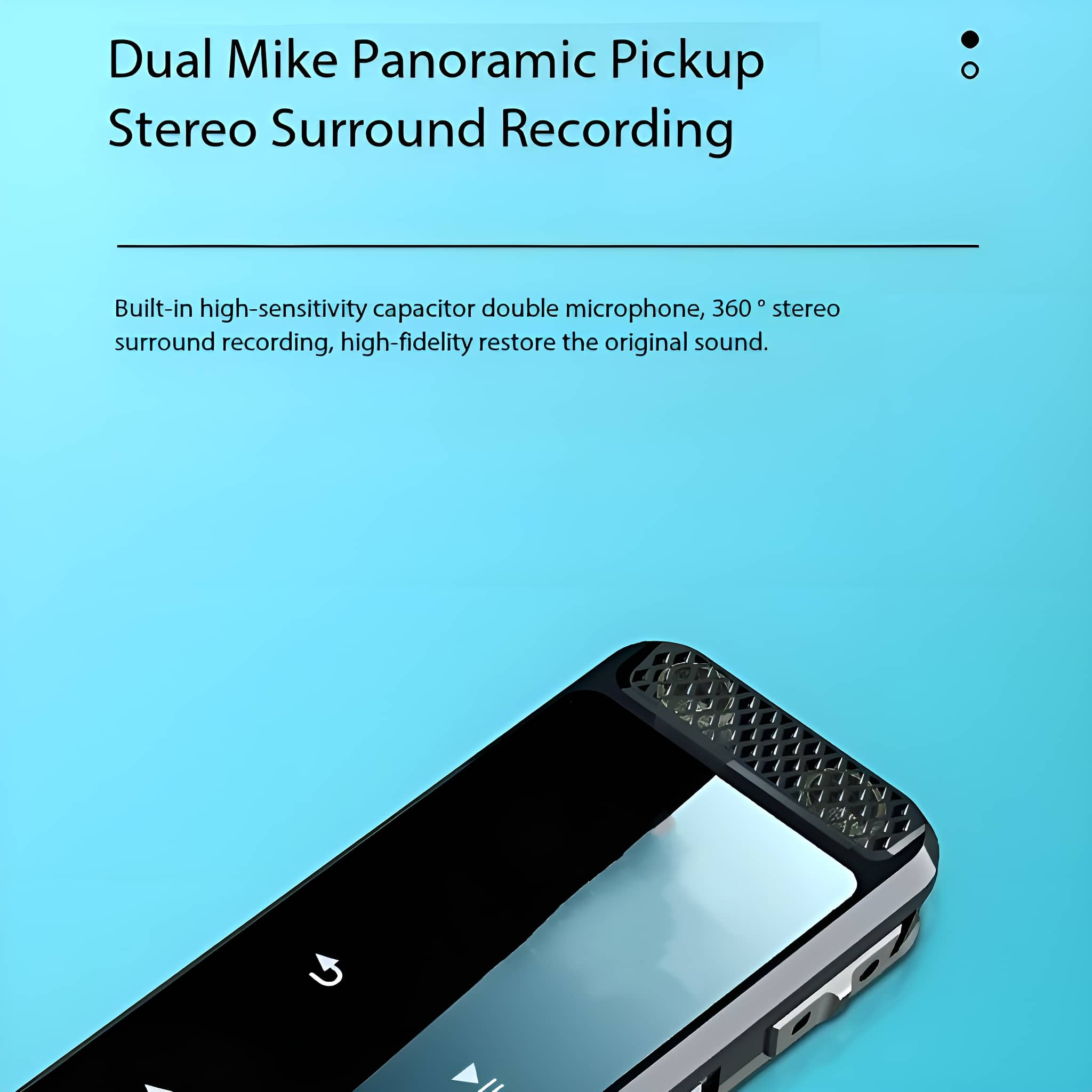 Schwarzes Gerät mit Text 'Dual Mike Panoramic Pickup Stereo Surround Recording' auf blauer Oberfläche.