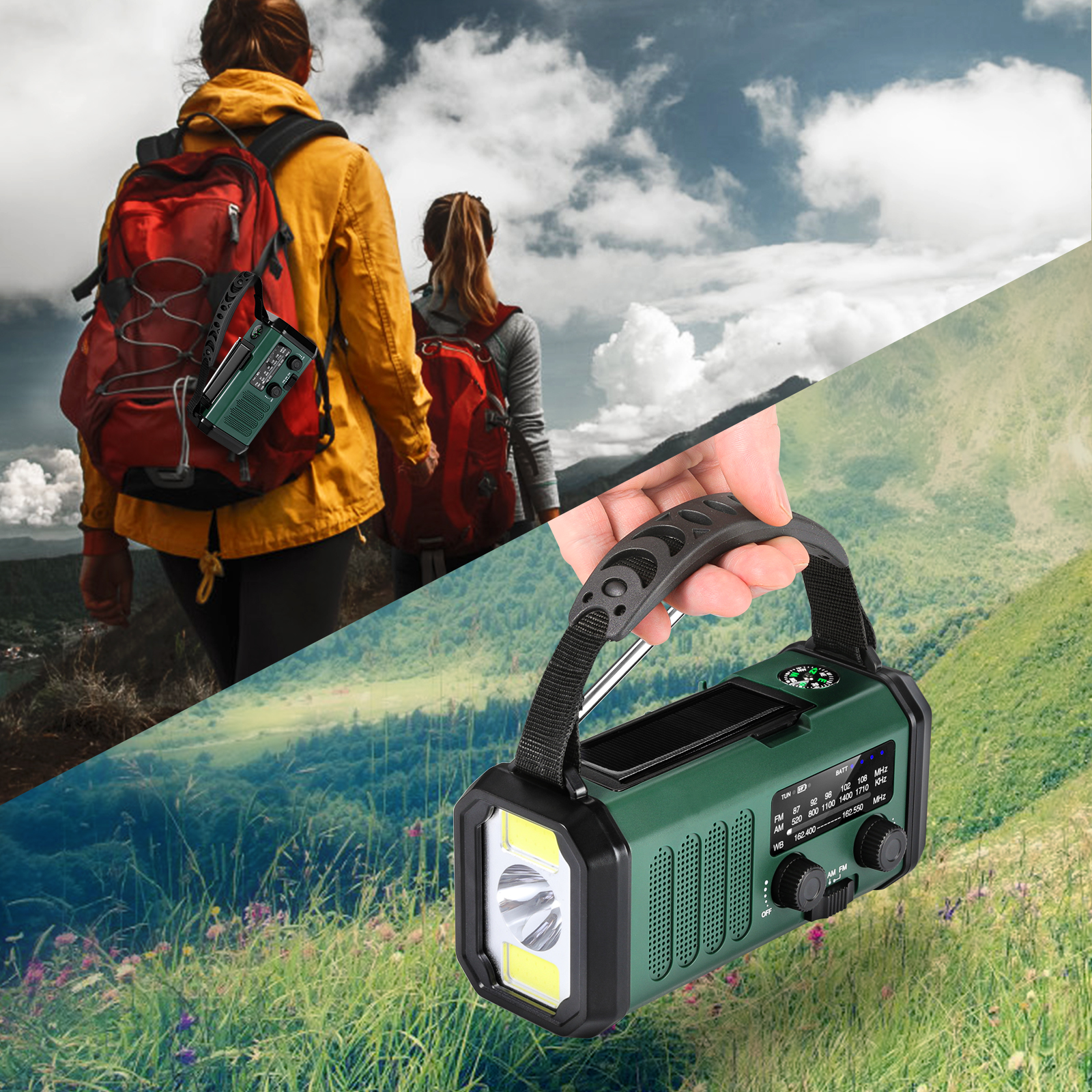 Eine Person mit Rucksack geht auf einem Weg. Eine andere Person ist dahinter. Ein grünes Radio im Vordergrund.