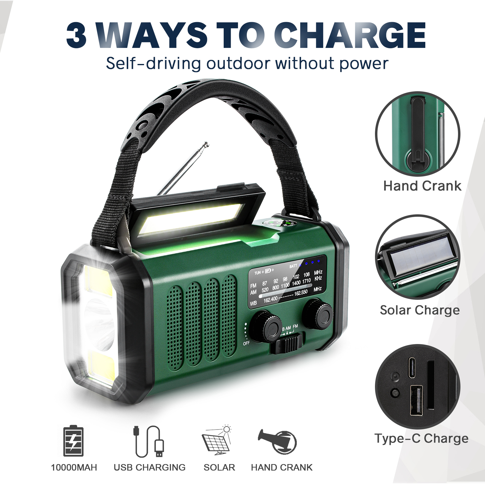 Grünes Radio mit Griff, Solarpanel und Ladeanschlüssen. Text: 3 WAYS TO CHARGE.