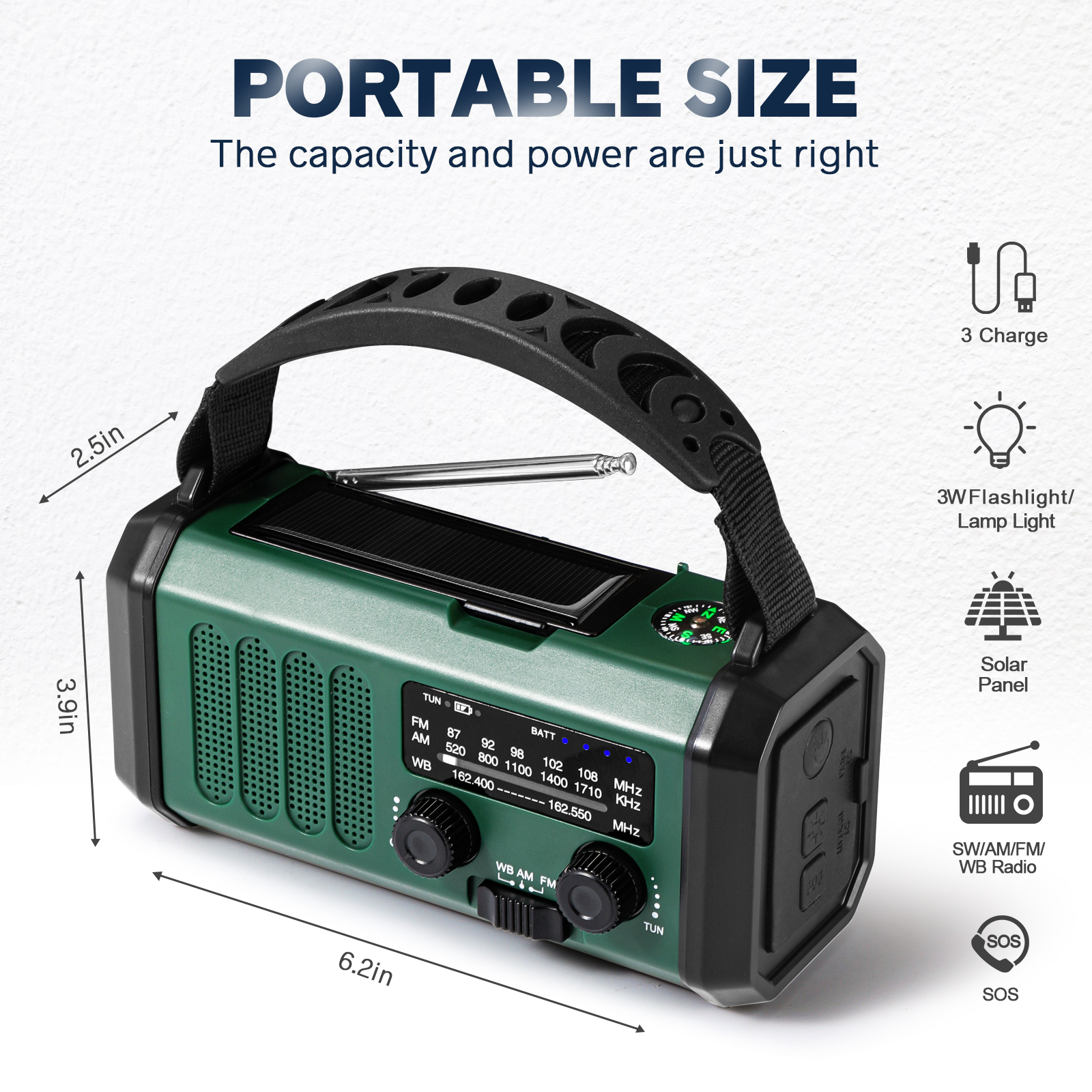 Tragbares grünes Radio mit Griff, Antenne und Solarpanel. Abmessungen und Funktionen sind beschriftet.
