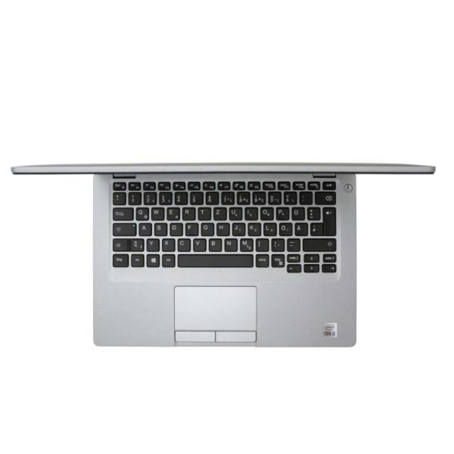 Laptop, Draufsicht, silberfarben, geöffnet, mit Tastatur und Touchpad.
