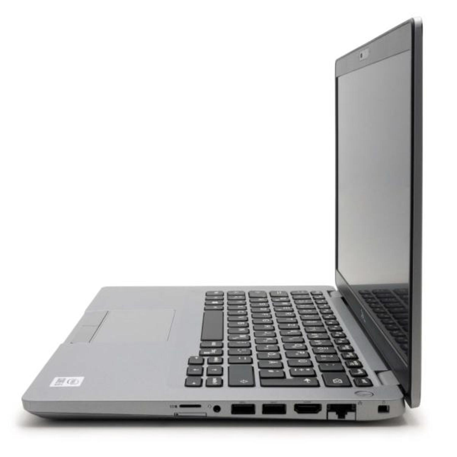 Laptop von der Seite, grau mit schwarzer Tastatur, vor weißem Hintergrund.