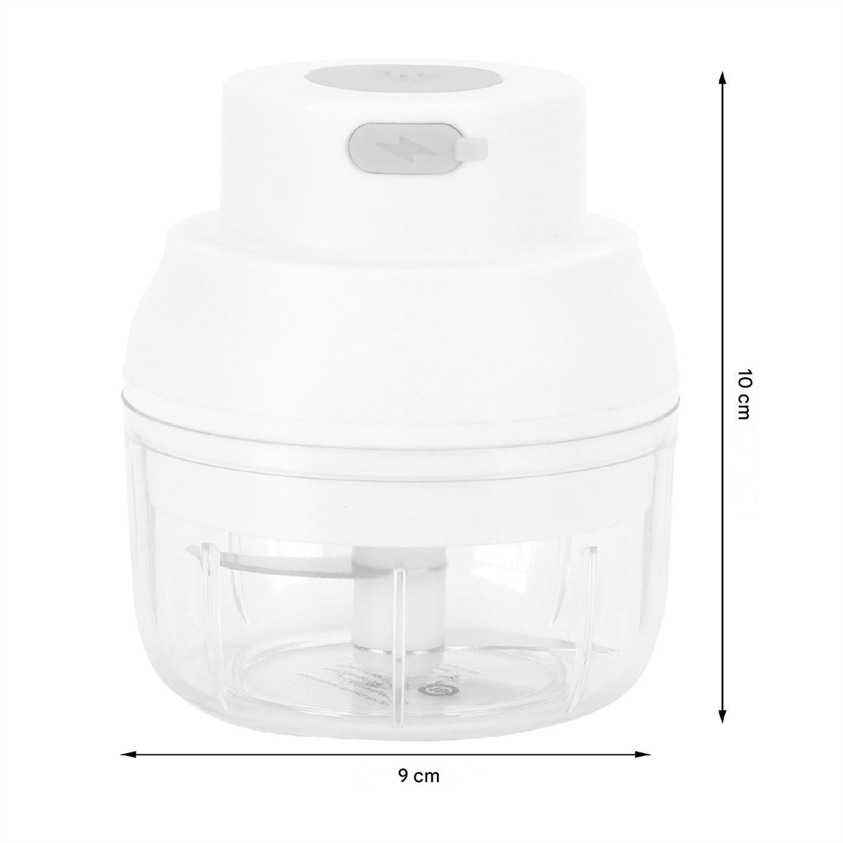Weißer Mini-Zerkleinerer mit transparentem Behälter. Abmessungen 10 cm hoch, 9 cm breit.