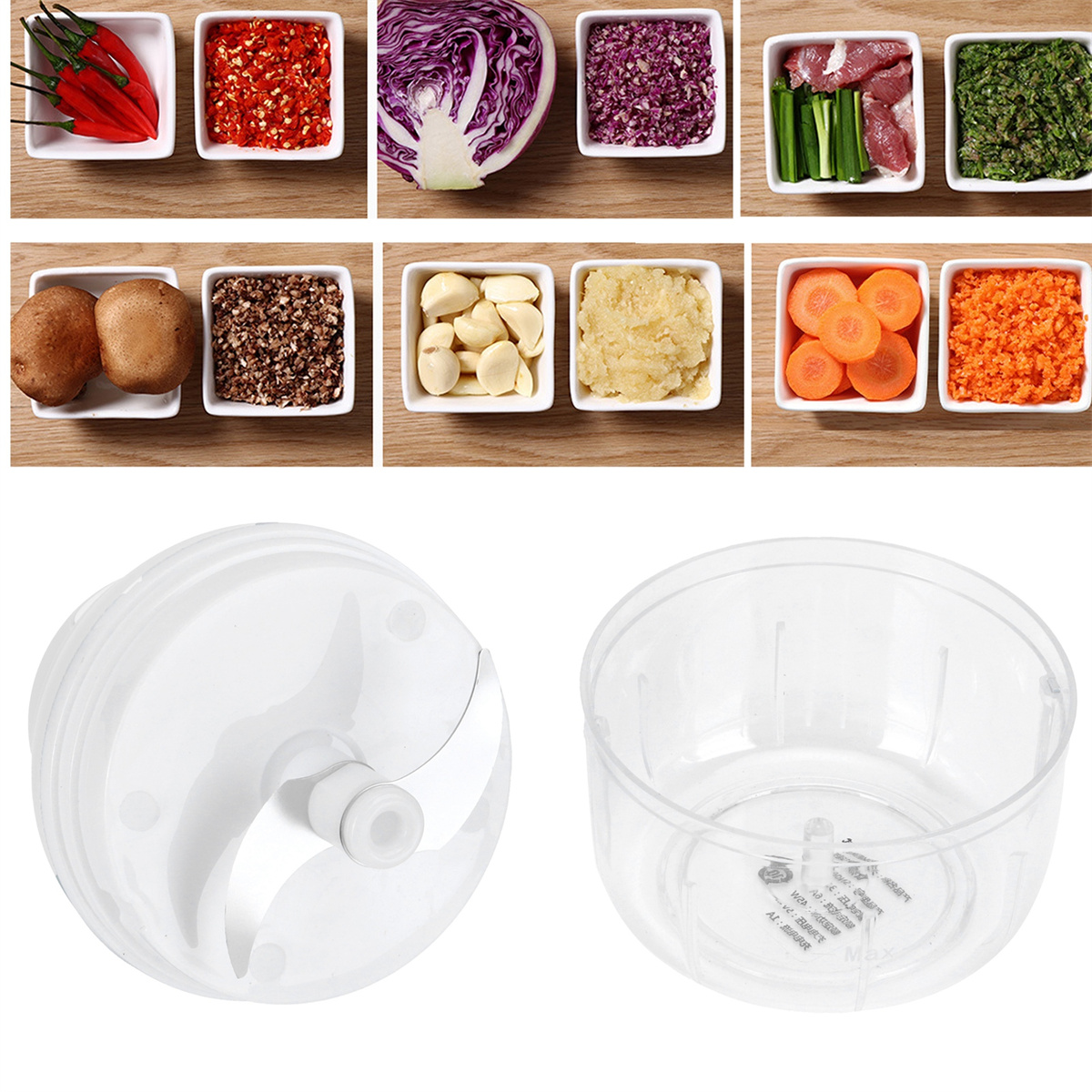 Zutaten zum Kochen, in weißen Schalen. Enthält rote Paprika, Kohl, Knoblauch, Karotten und mehr.