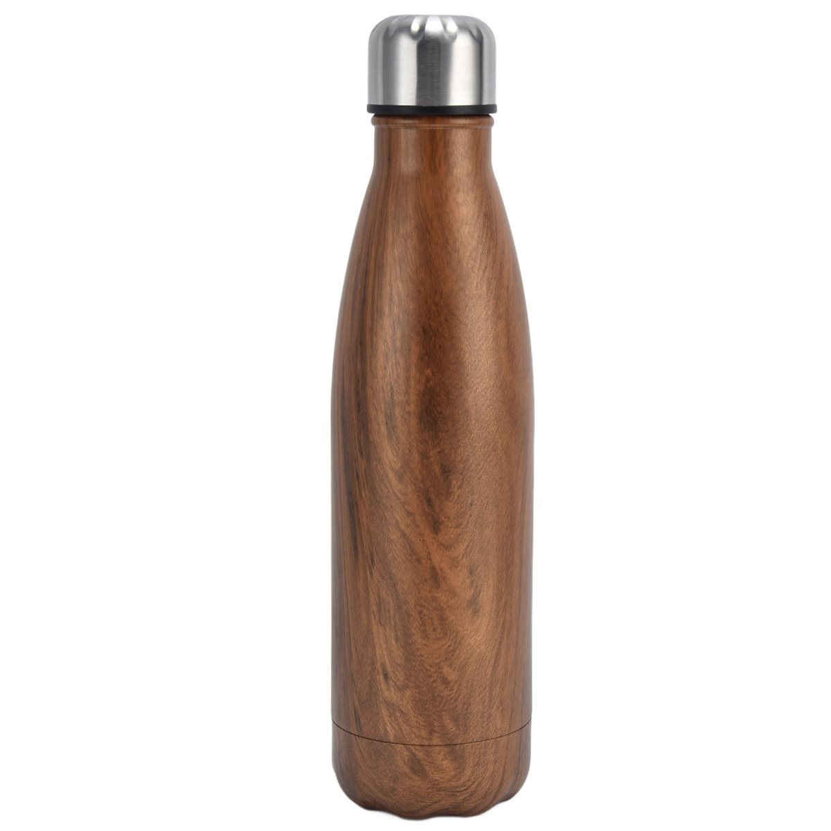 Braune Wasserflasche in Holzoptik mit silbernem Deckel, aufrecht stehend.